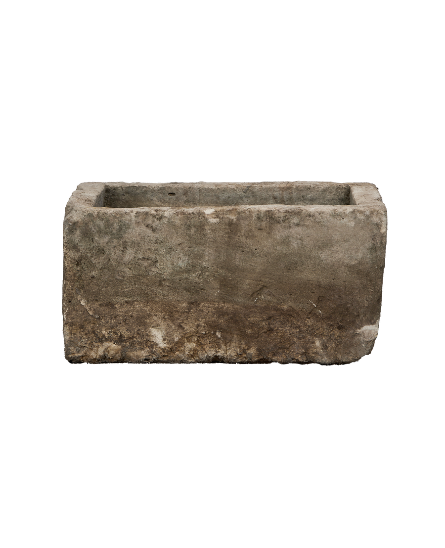 Vintage rectangular Indonesian limestone trough, top view highlights weathered OAK finish, rugged texture.