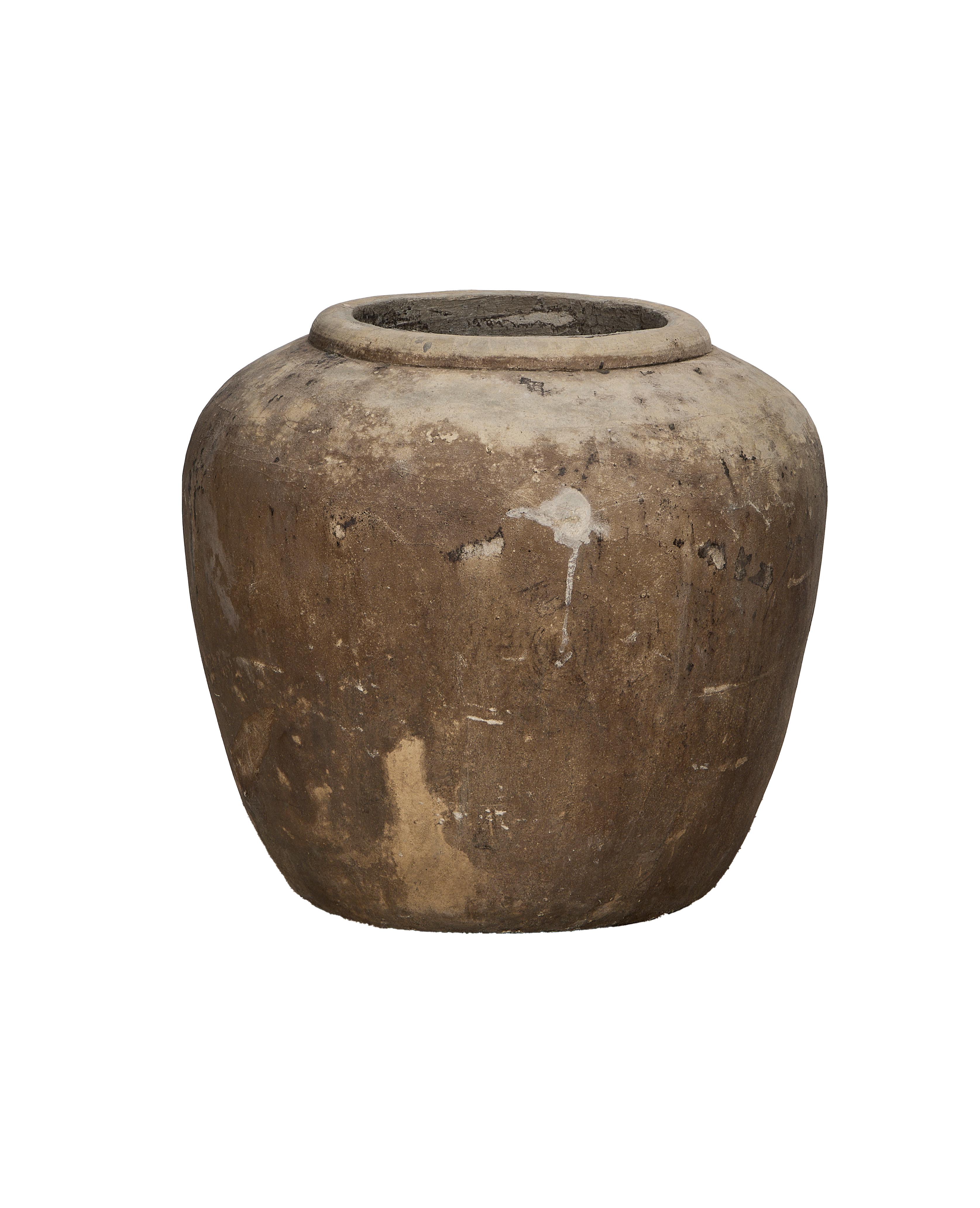 Vintage Indonesian OAK stone pot, distressed earthy texture, visible aging.