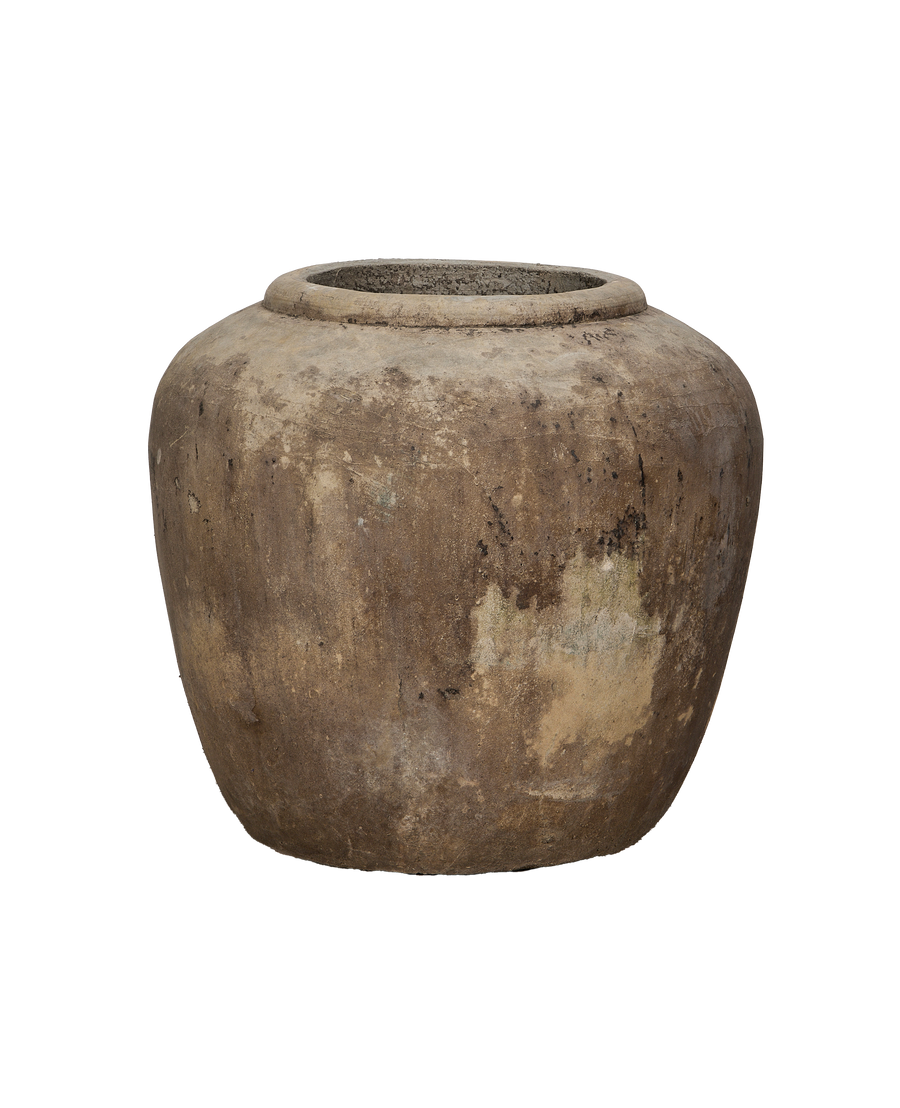 Vintage Indonesian OAK stone pot, showing varied distressed texture and rich patina.