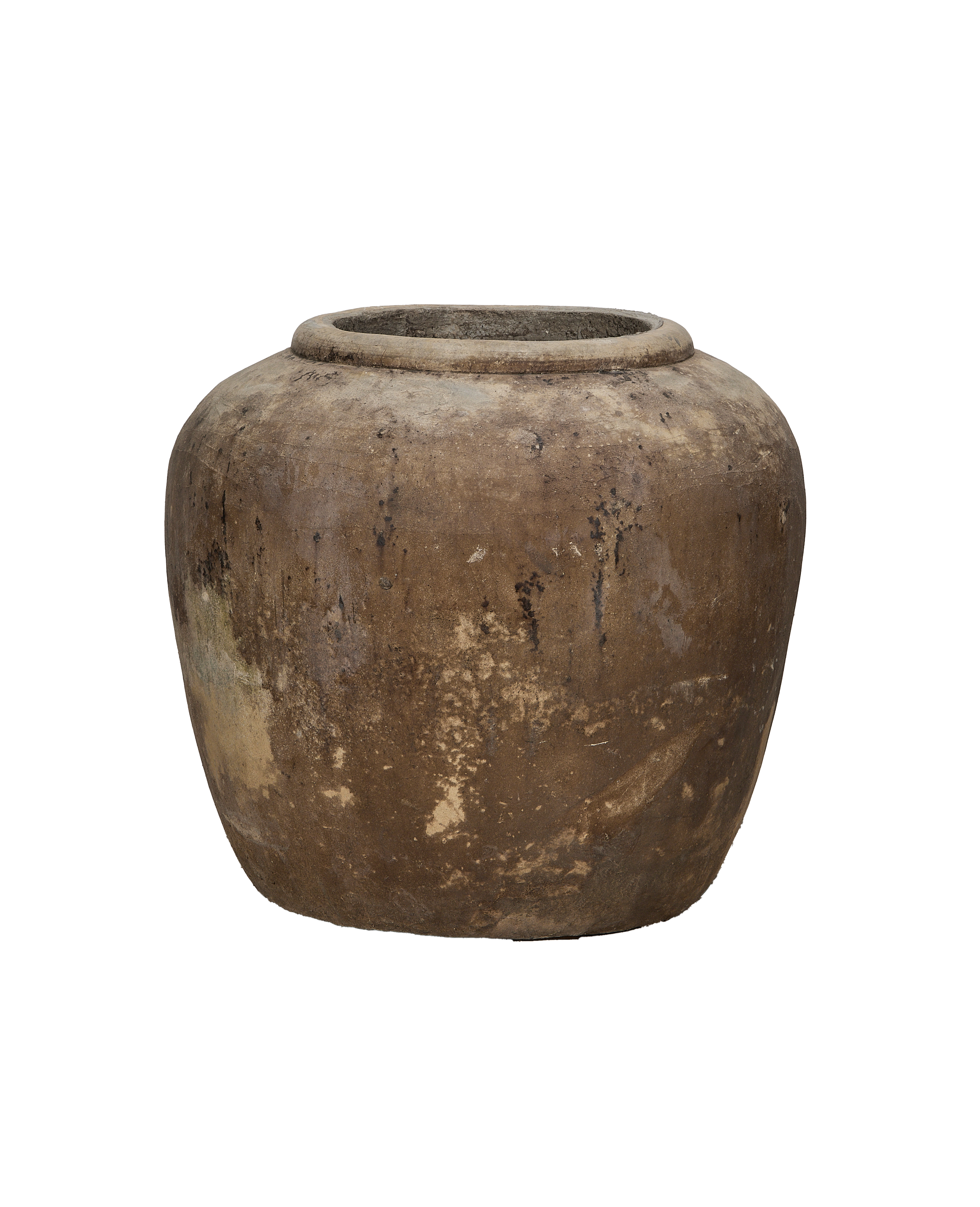 Vintage Indonesian OAK stone pot, showcasing rustic texture on its earthy brown surface.