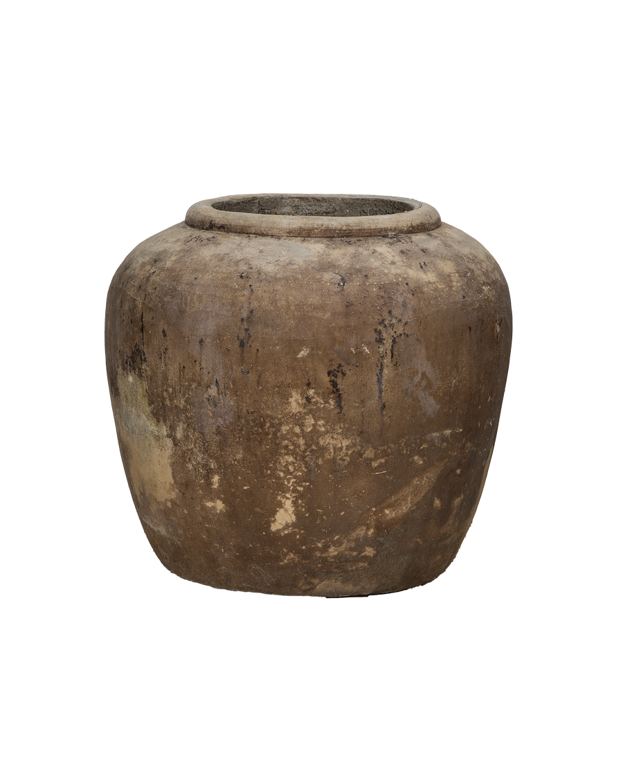 Vintage Indonesian OAK stone pot, showcasing rustic texture on its earthy brown surface.