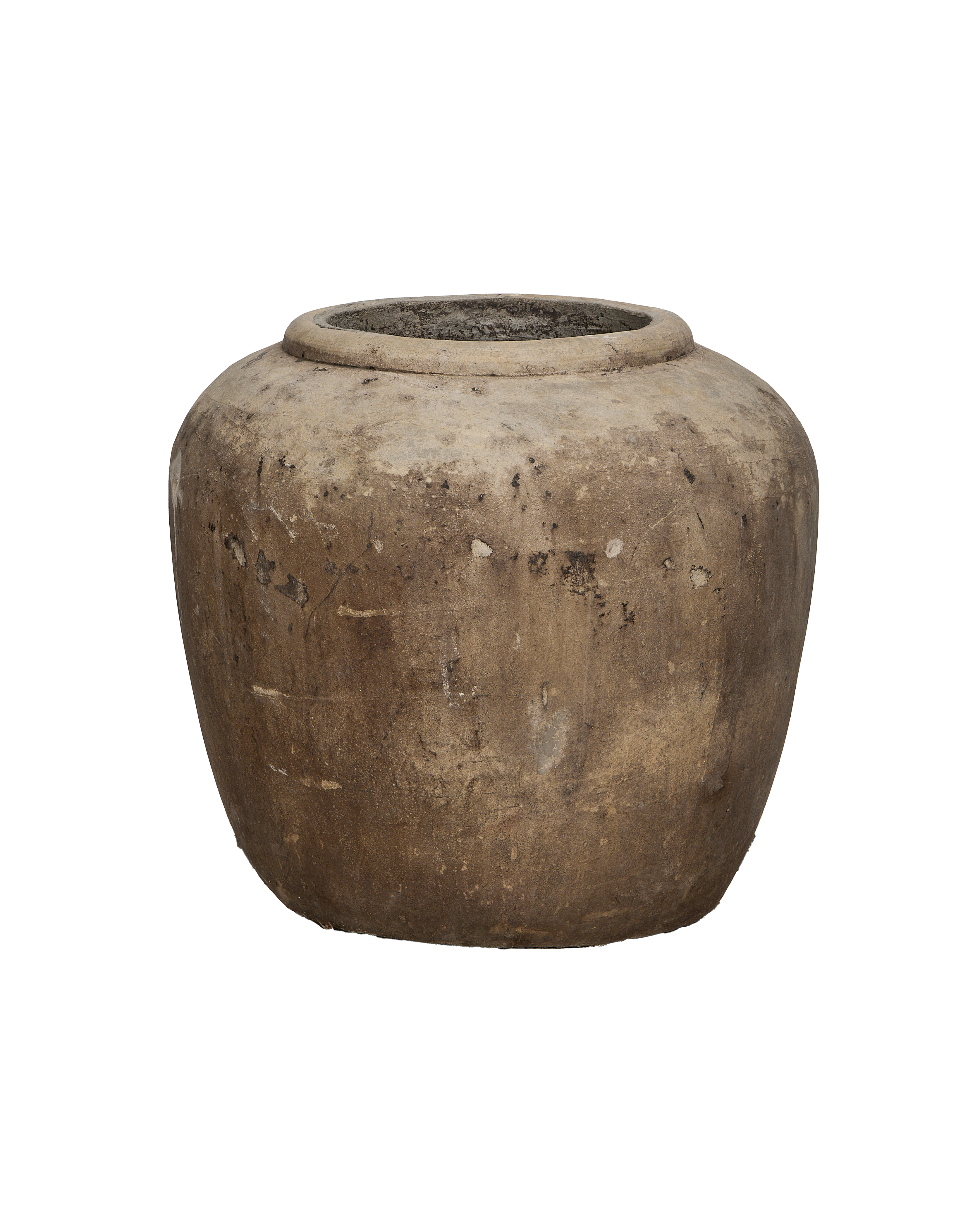 Vintage Indonesian OAK stone pot, close-up texture detail emphasizes its aged, distressed surface.