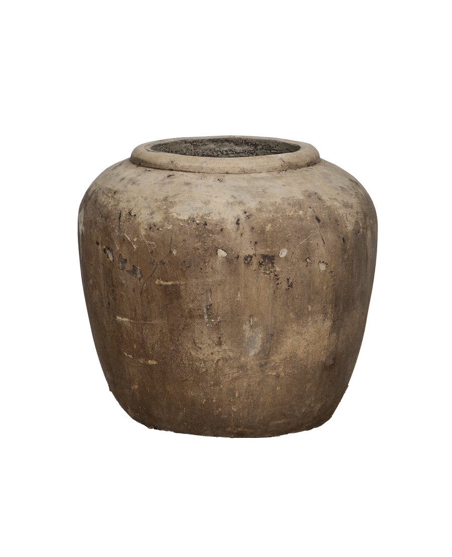 Vintage Indonesian OAK stone pot, close-up texture detail emphasizes its aged, distressed surface.