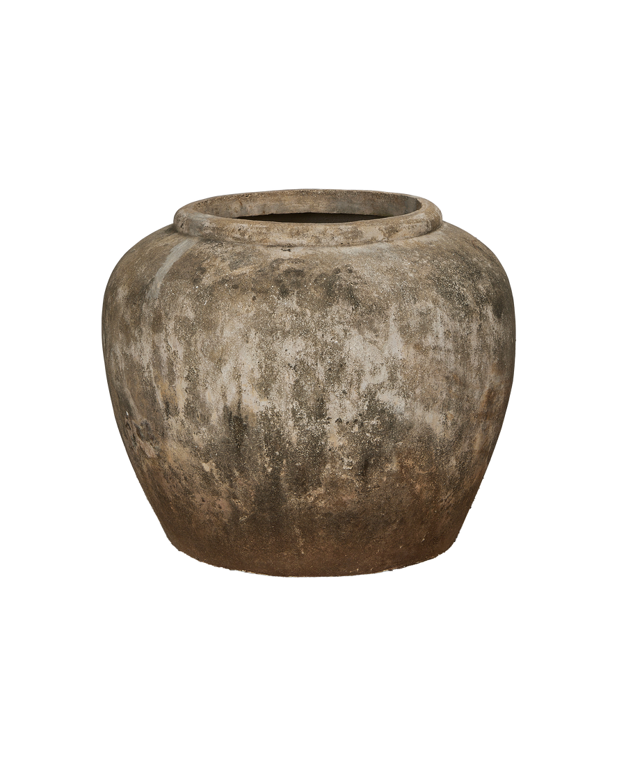 Vintage Indonesian OAK stone pot, showing rough texture and weathered finish.