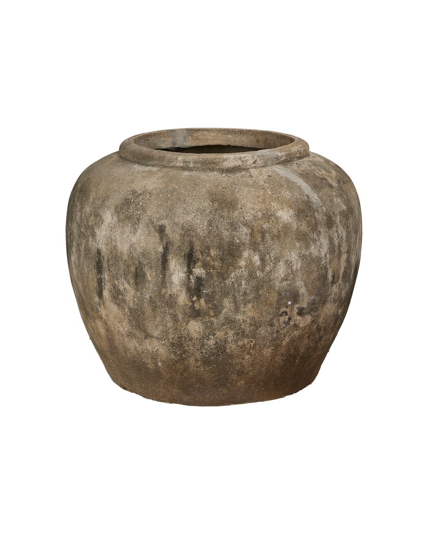 Vintage Indonesian OAK stone pot, showcasing rustic texture, weathered patina, and wide rim detail.