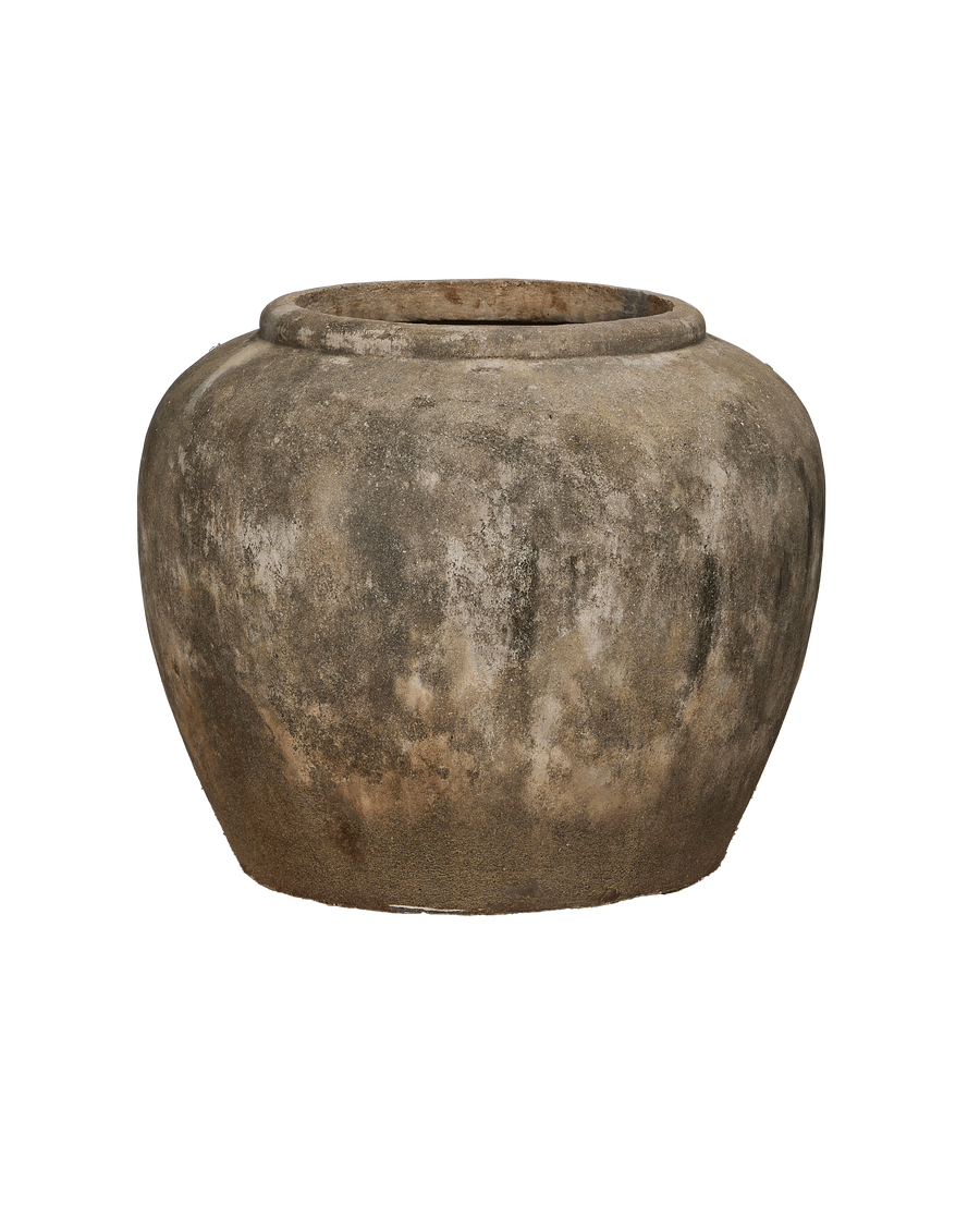 Vintage Indonesian OAK stone pot, showcasing its weathered texture and rim detail.