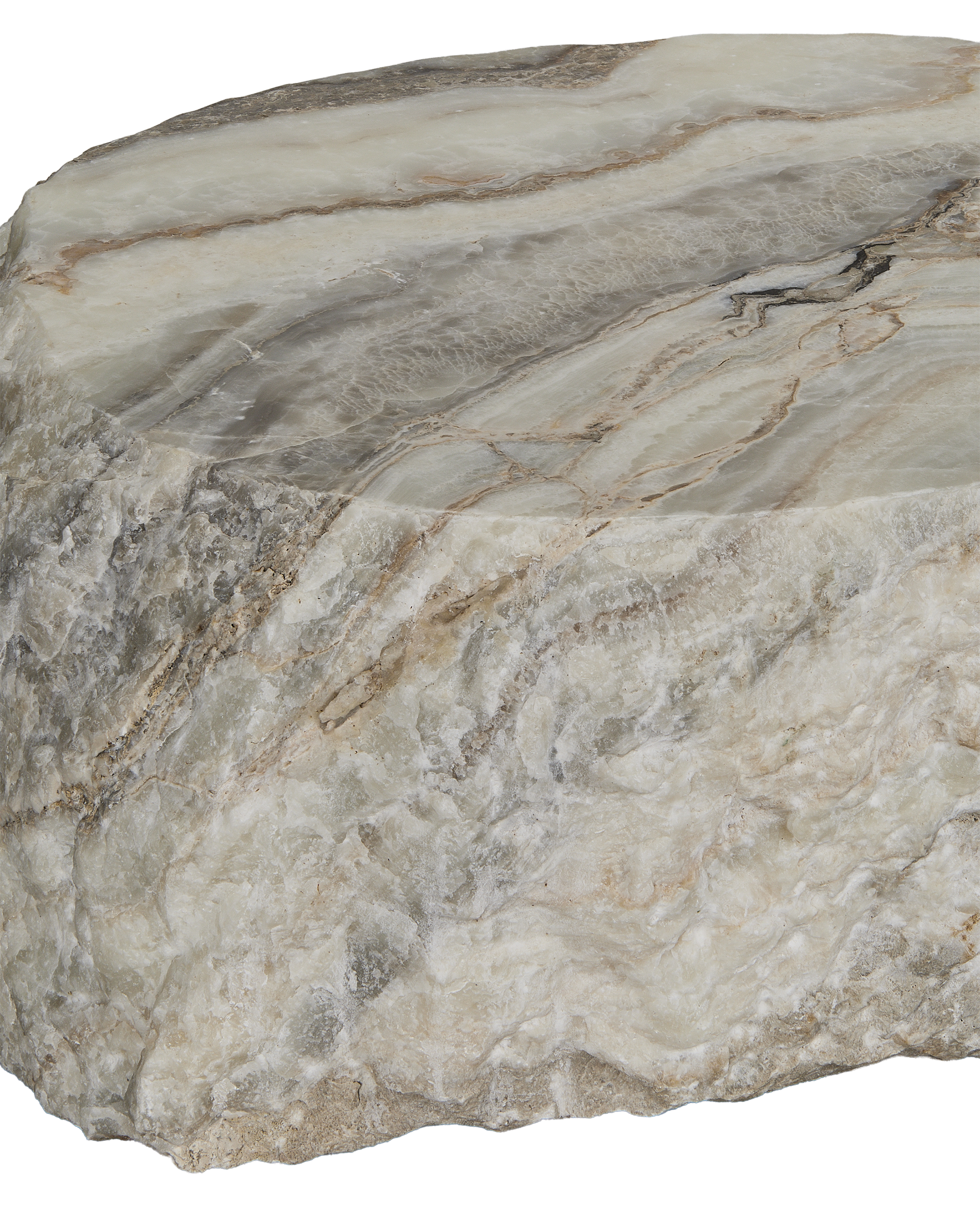 Rough natural side of the vintage Indonesian onyx slab coffee table.