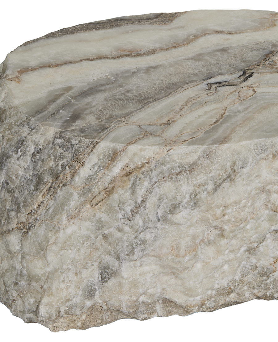 Rough natural side of the vintage Indonesian onyx slab coffee table.