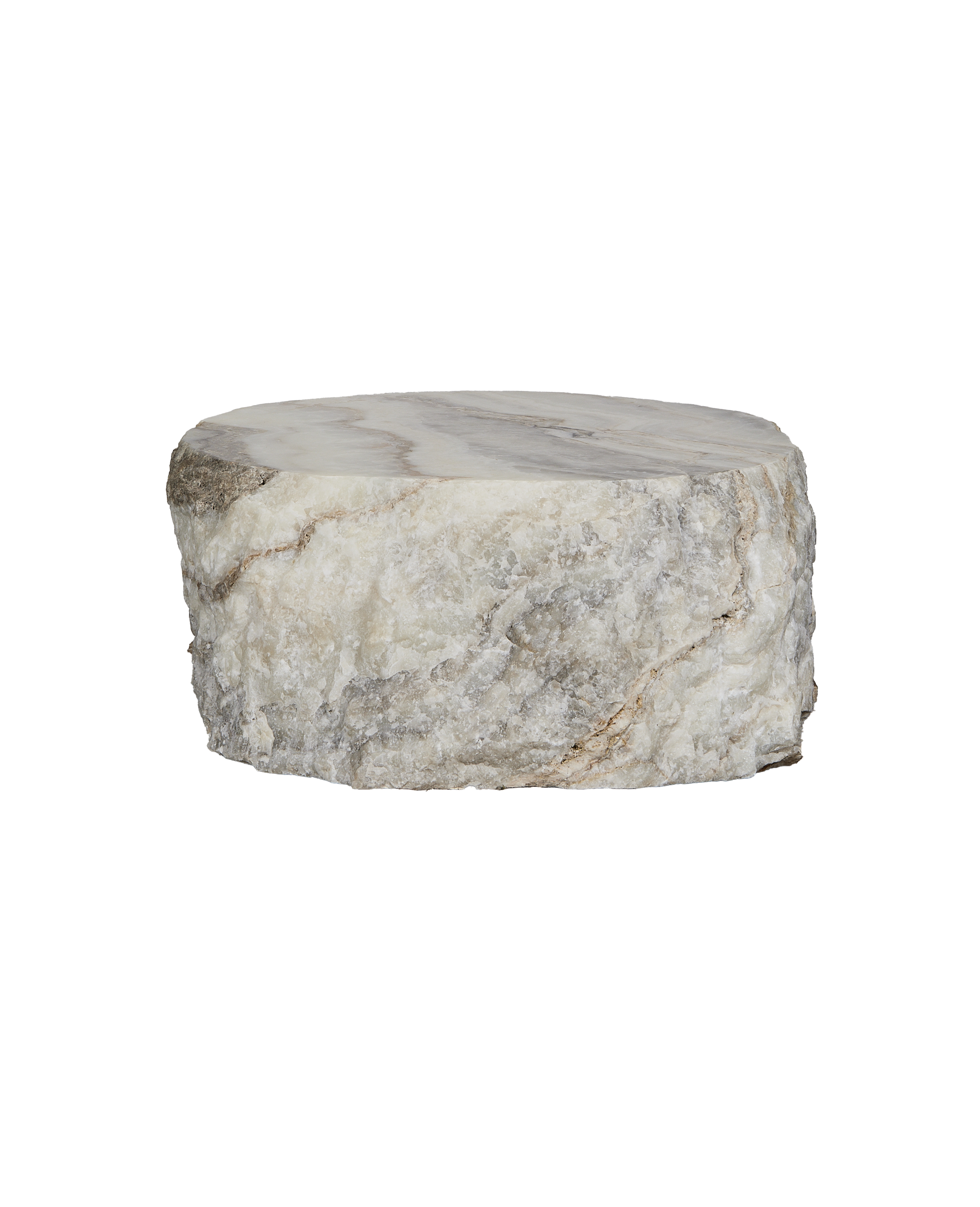 White onyx raw slab coffee table, circular top, rugged natural edges.