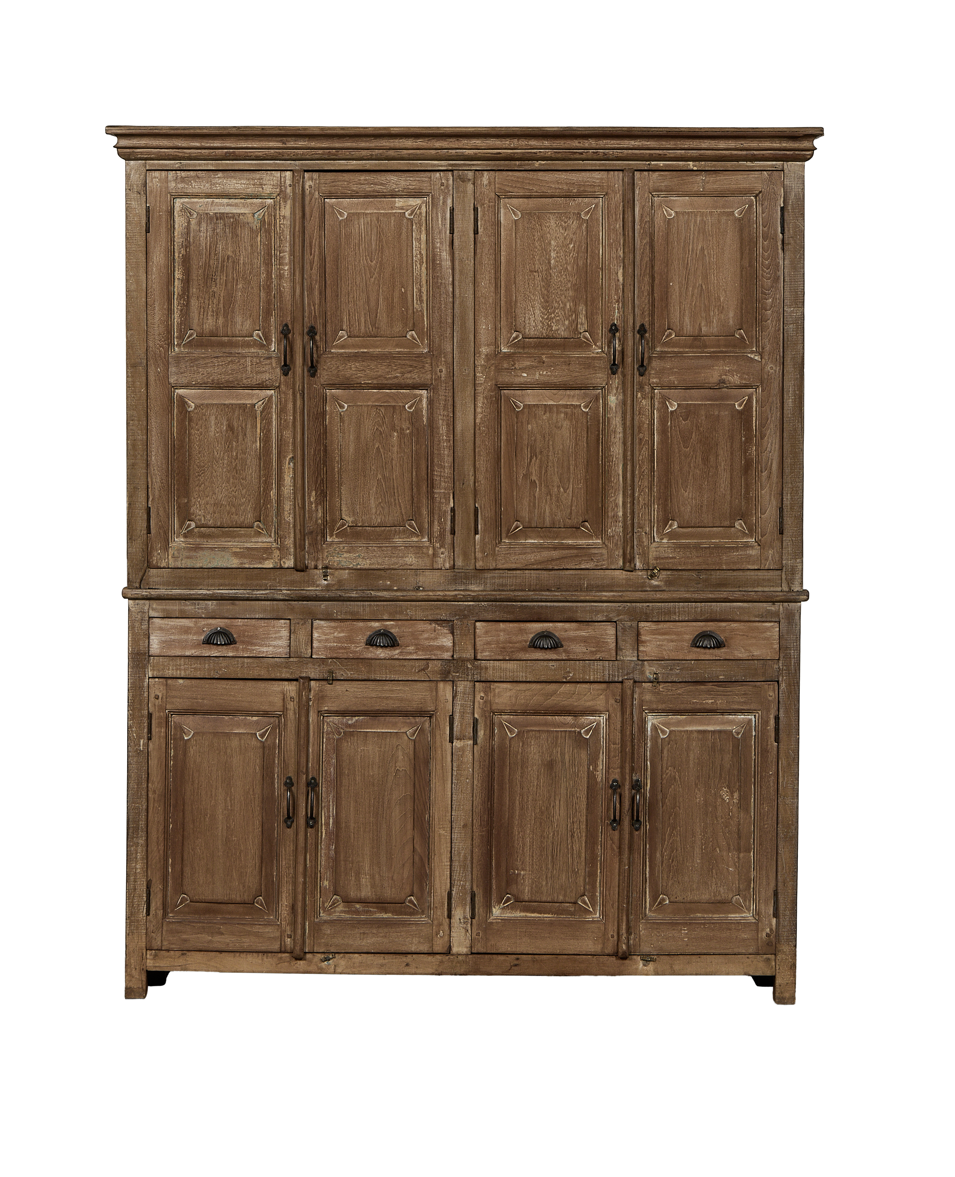 India vintage oak wood cabinet with natural faded finish, multiple paneled doors and drawers.