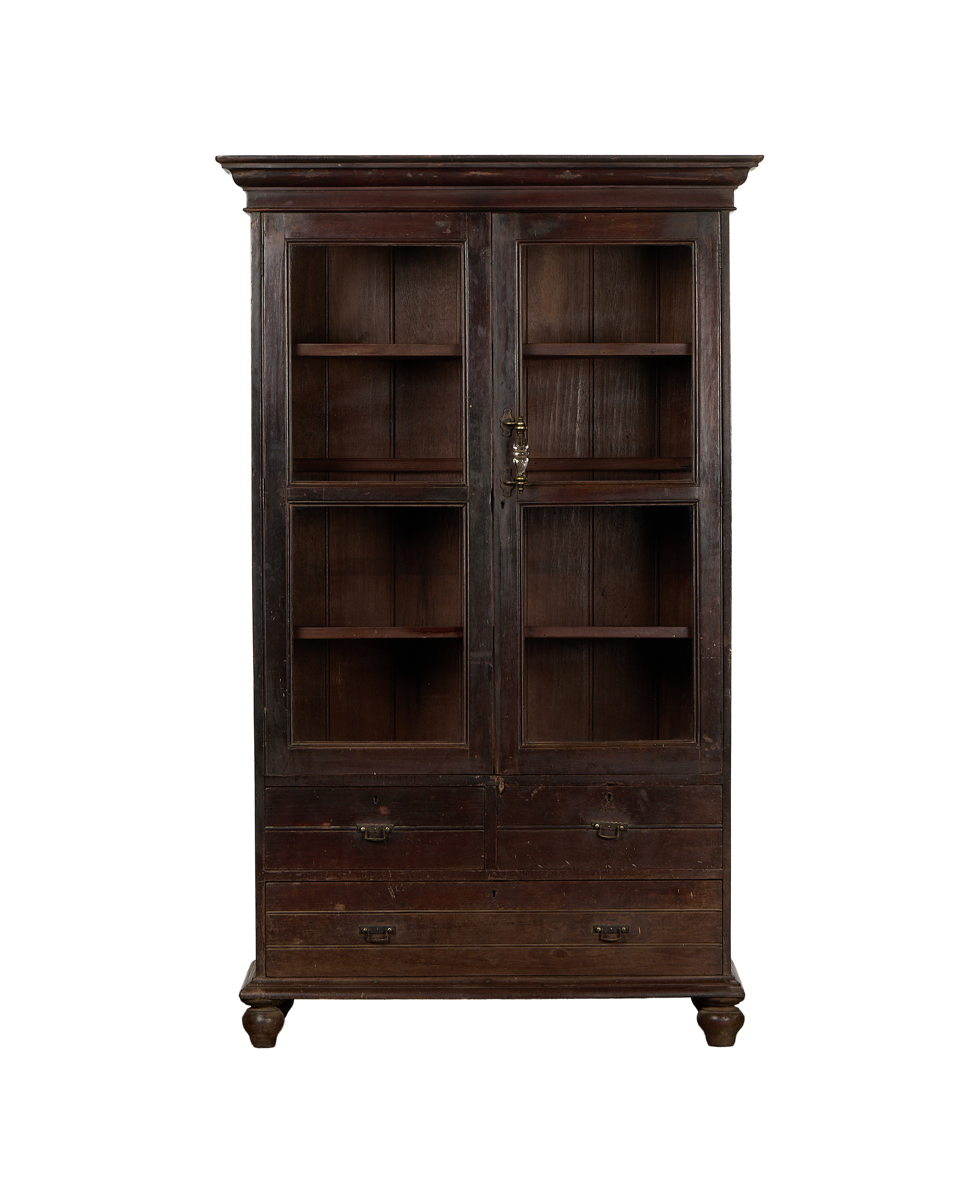 Vintage Indian oak wood display cabinet with glass doors and bottom drawers.