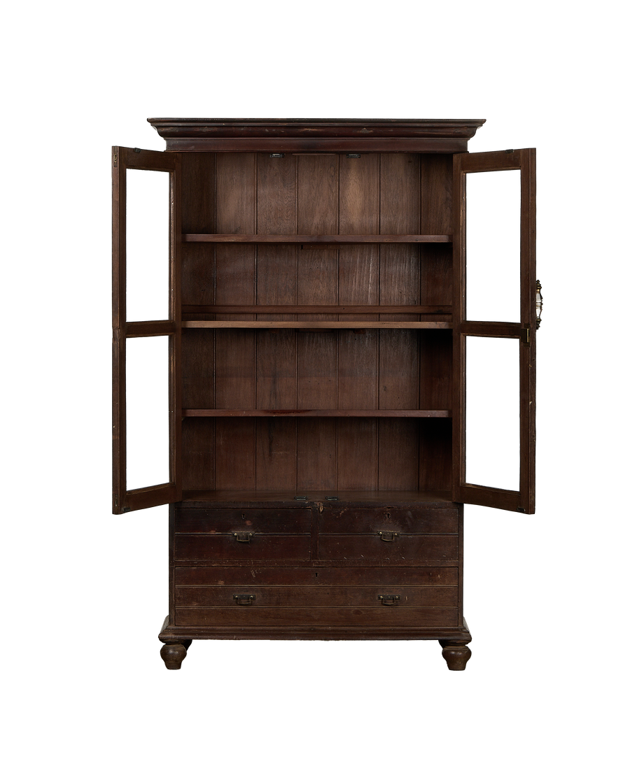Vintage Indian oak wood display cabinet with open glass doors and interior shelves.