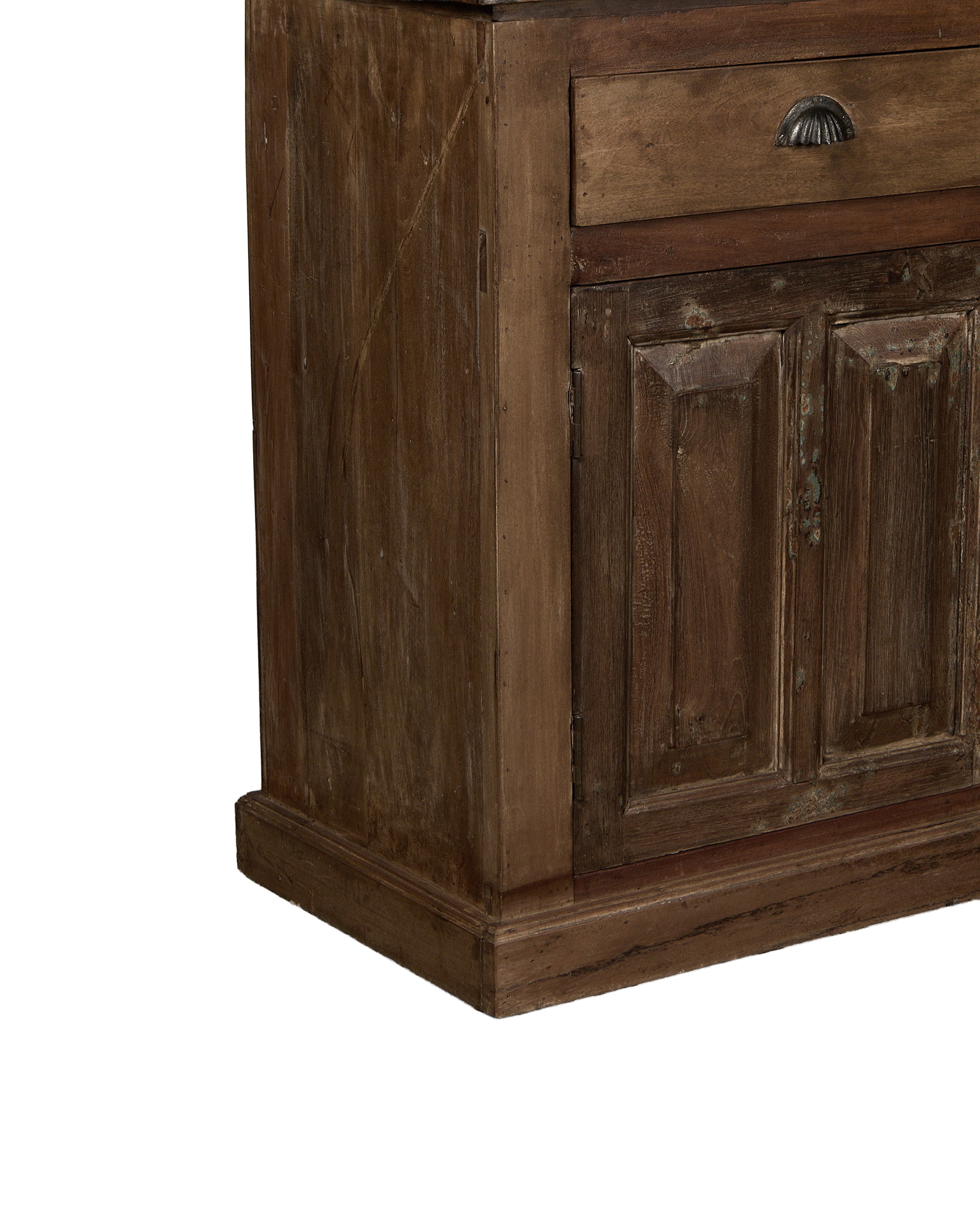 Vintage Indian oak wood cabinet, close-up showing distressed natural finish, drawer, and detailed doors.