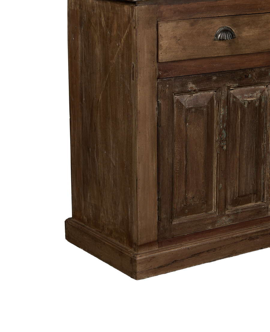 Vintage Indian oak wood cabinet, close-up showing distressed natural finish, drawer, and detailed doors.