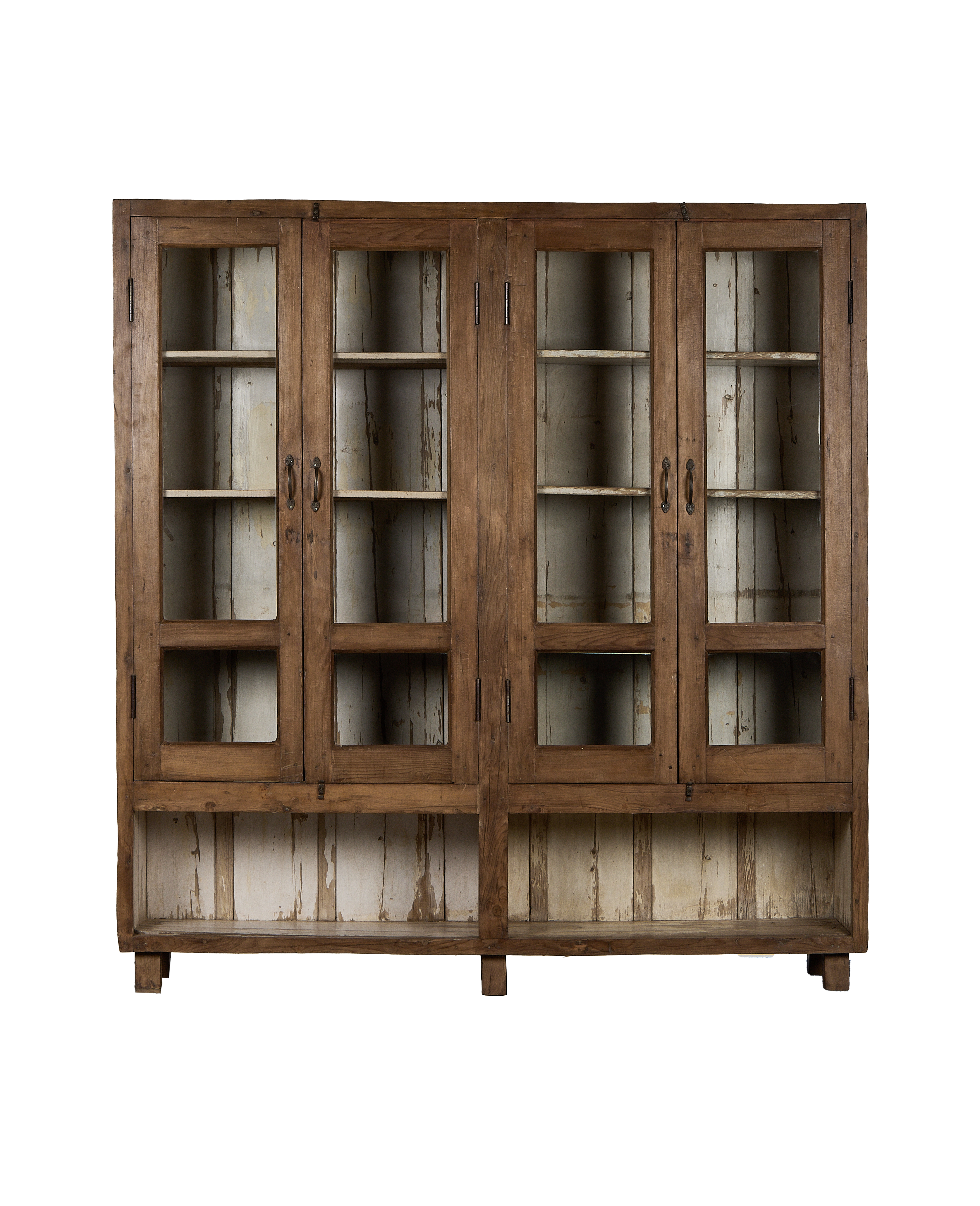 Vintage Indian oak wood cabinet, natural finish, four glass doors, industrial hardware, distressed white interior.