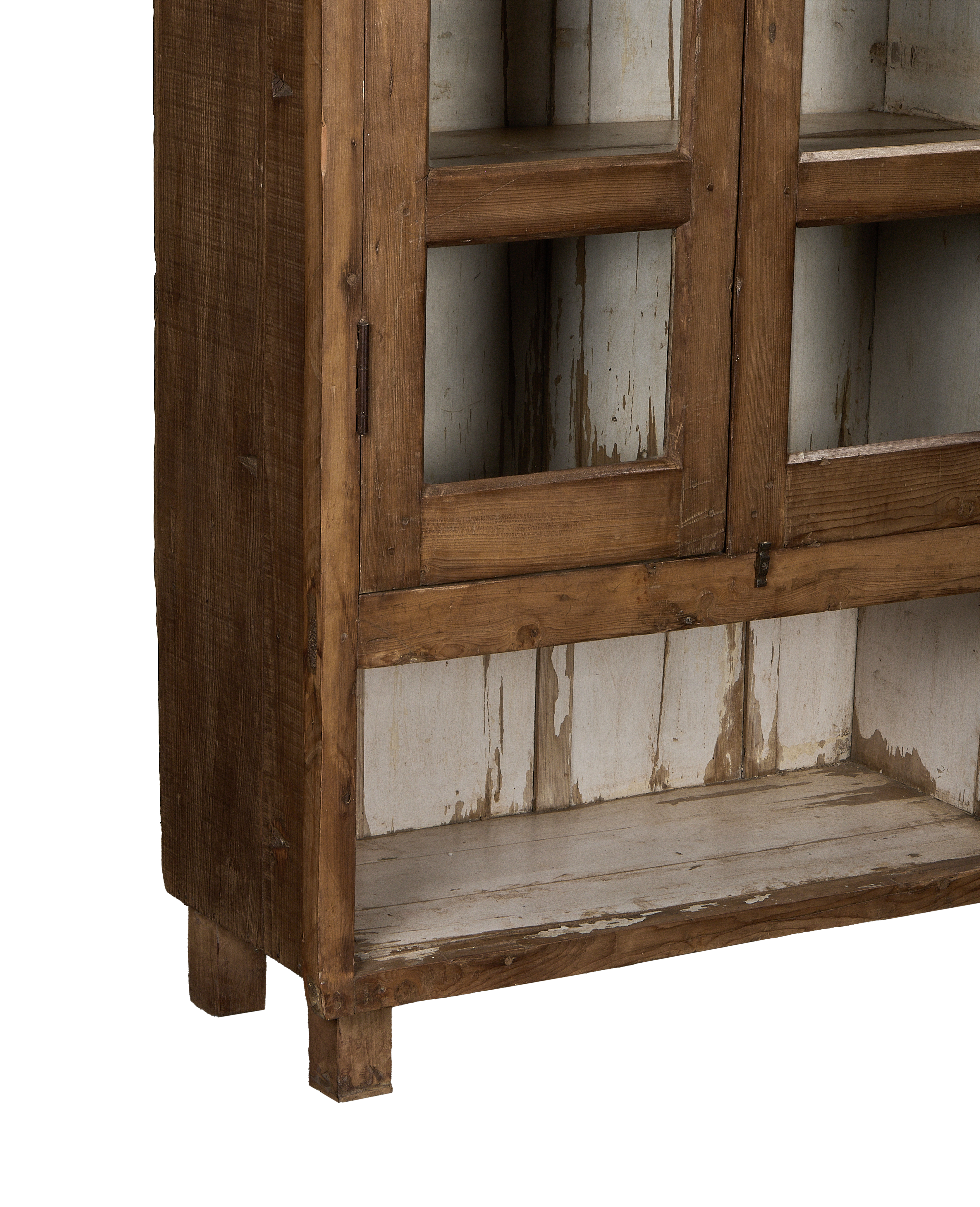 Vintage Indian oak cabinet: lower section with wood feet and distressed white interior.