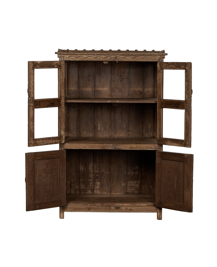 Vintage Indian oak cabinet, doors open, revealing two empty interior shelves with natural wood finish.