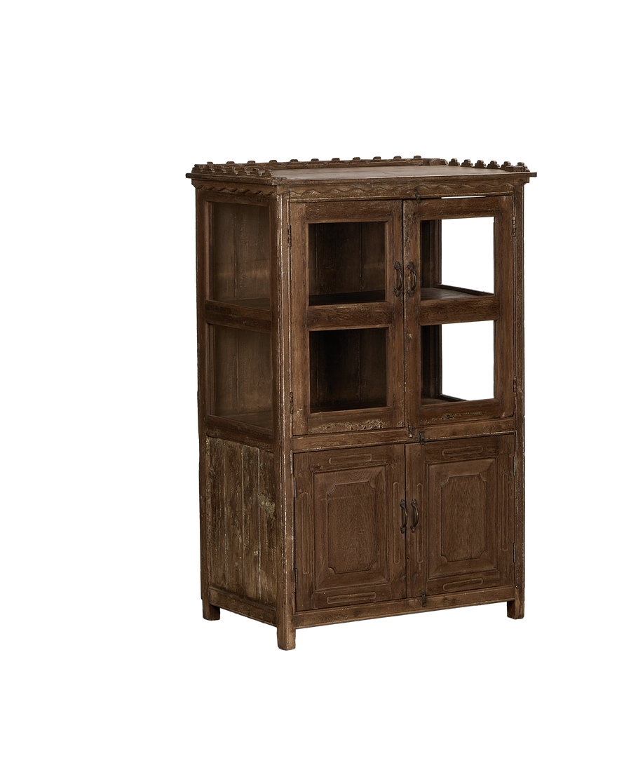 Vintage Indian oak display cabinet, weathered natural finish, showing right side angle.