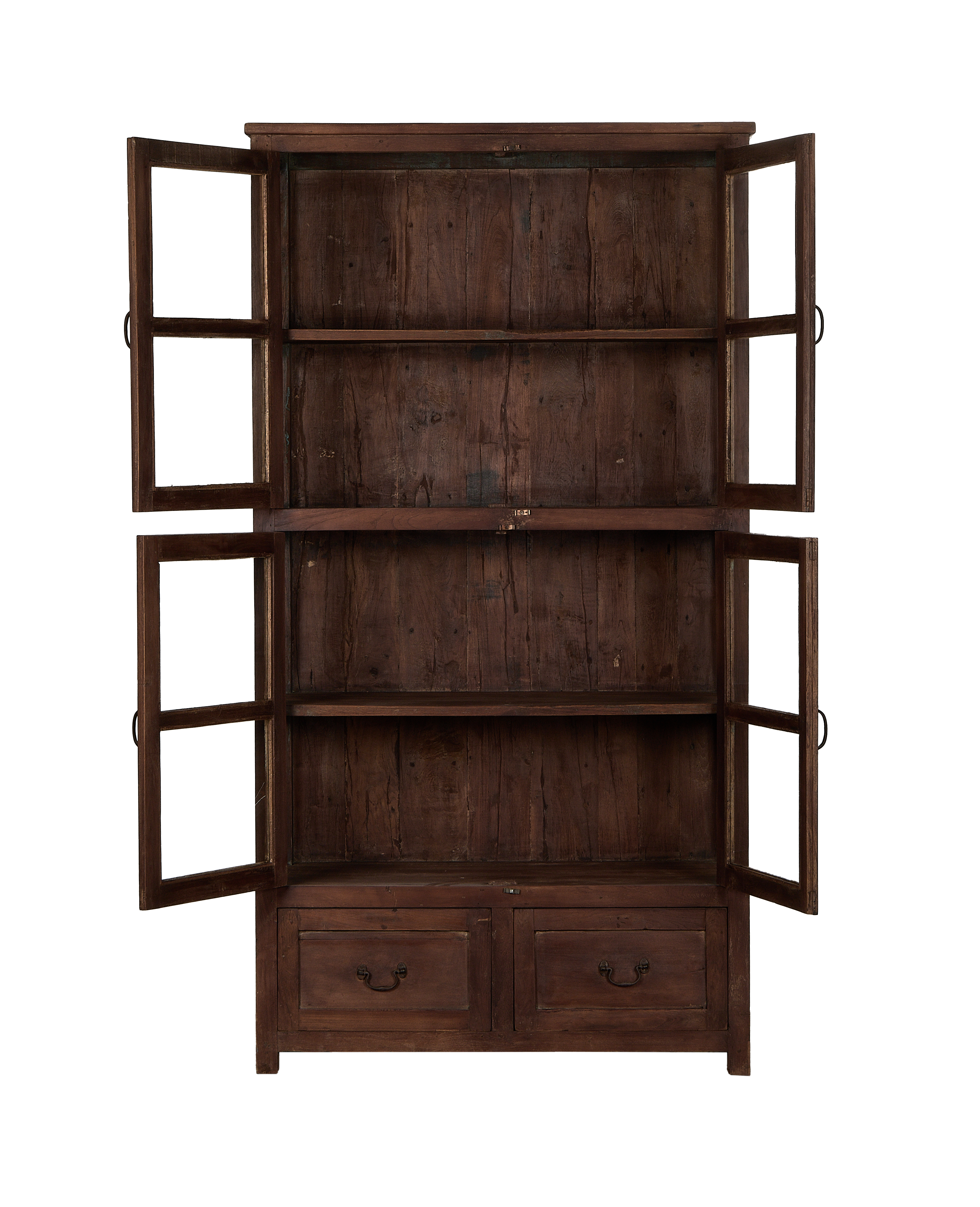 Vintage Indian oak cabinet, doors open, revealing shelves and bottom drawers.