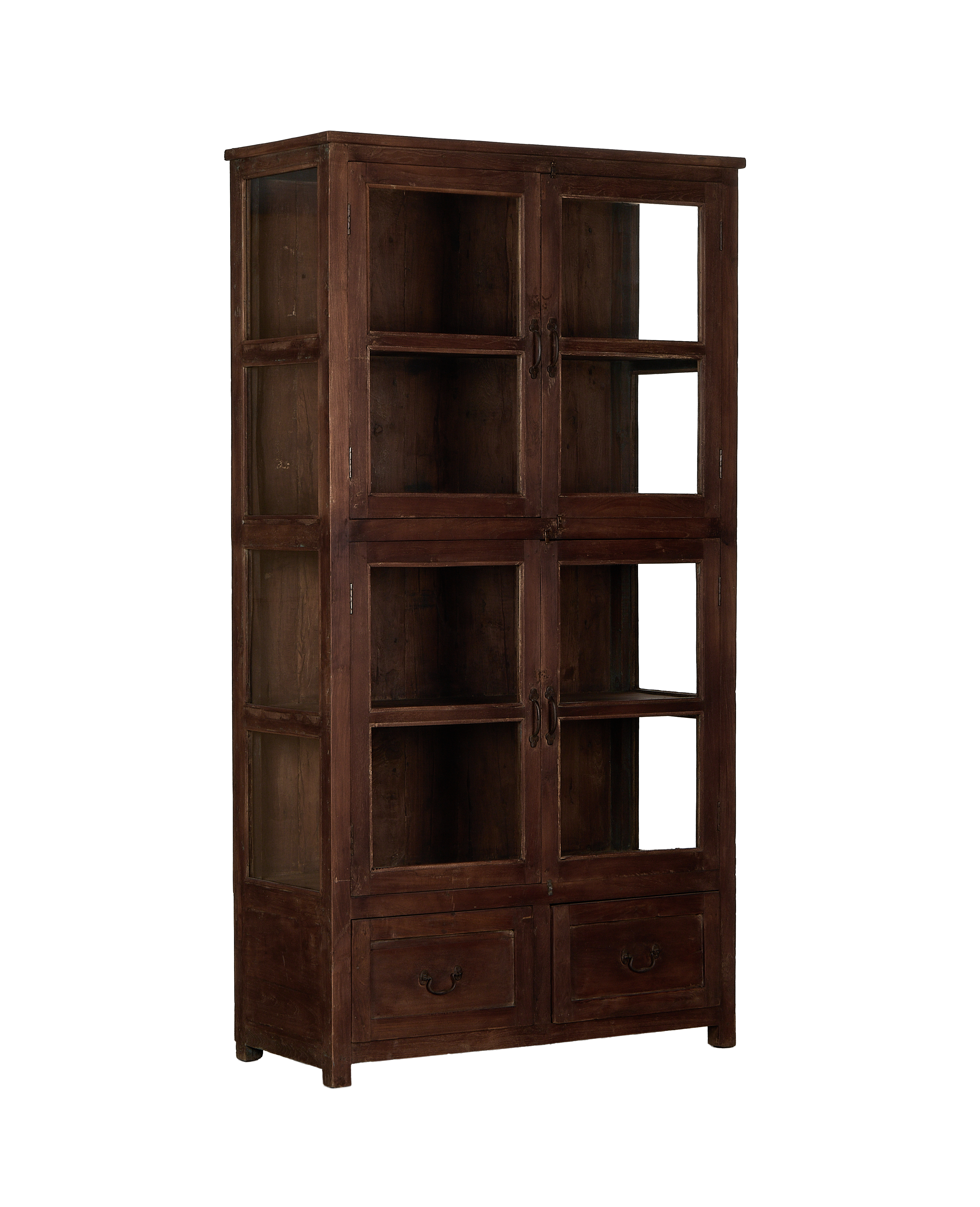 Vintage Indian oak cabinet, full length, showing four glass doors and two drawers.