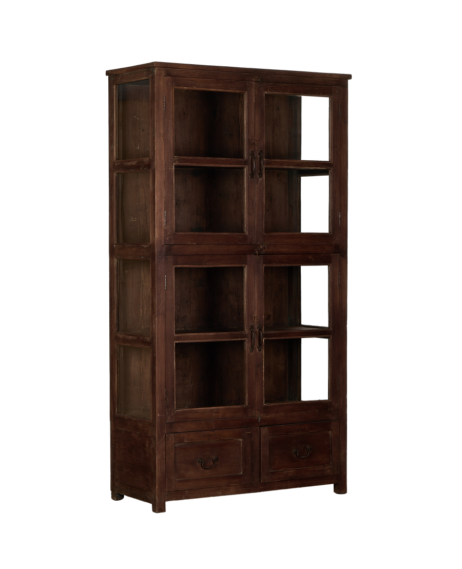 Vintage Indian oak cabinet, full length, showing four glass doors and two drawers.