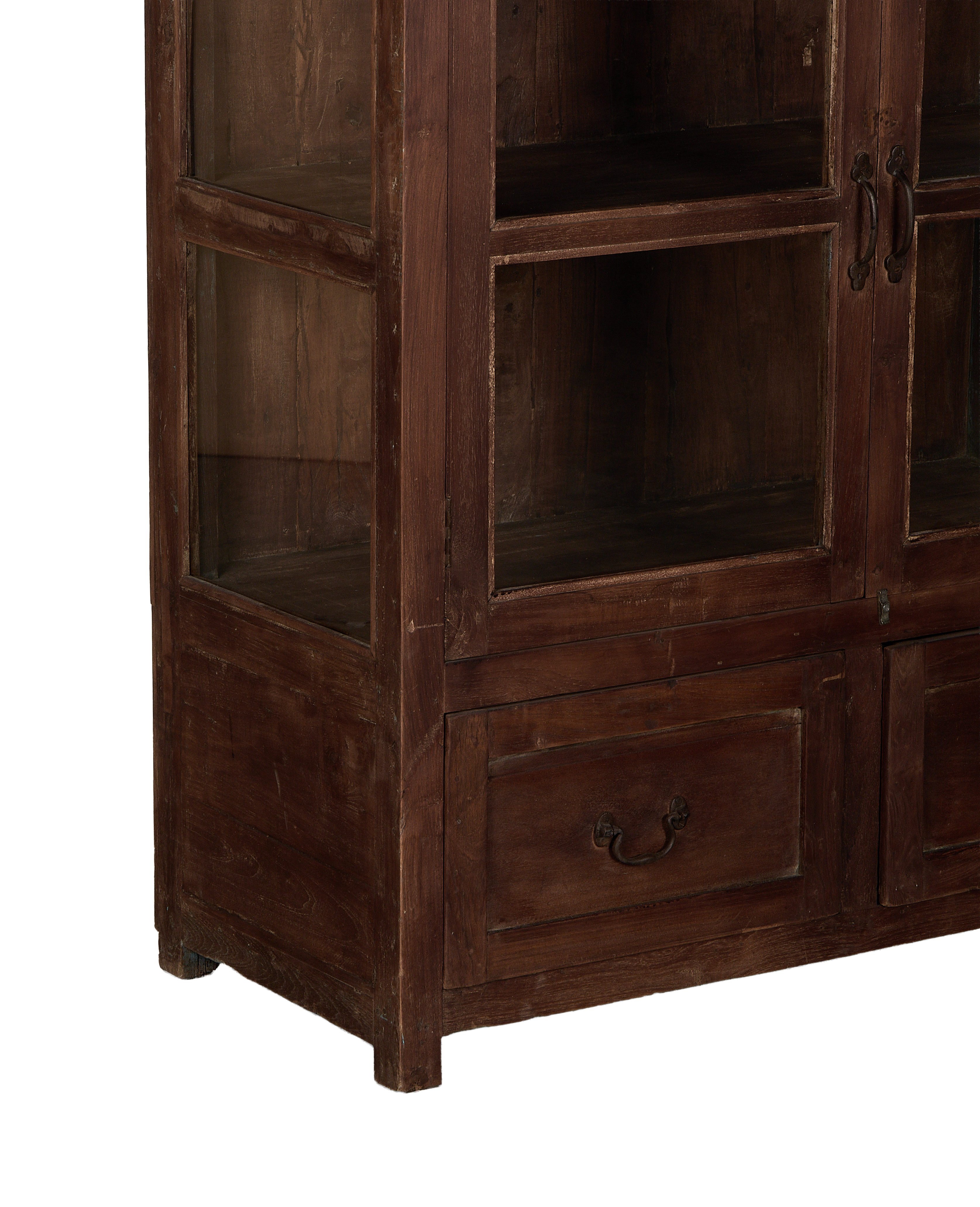 Vintage oak cabinet bottom drawers and feet with distressed dark wood finish.