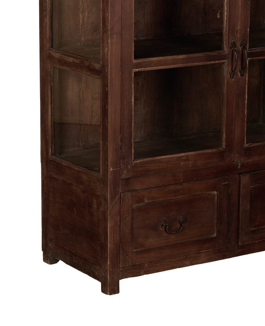 Vintage oak cabinet bottom drawers and feet with distressed dark wood finish.