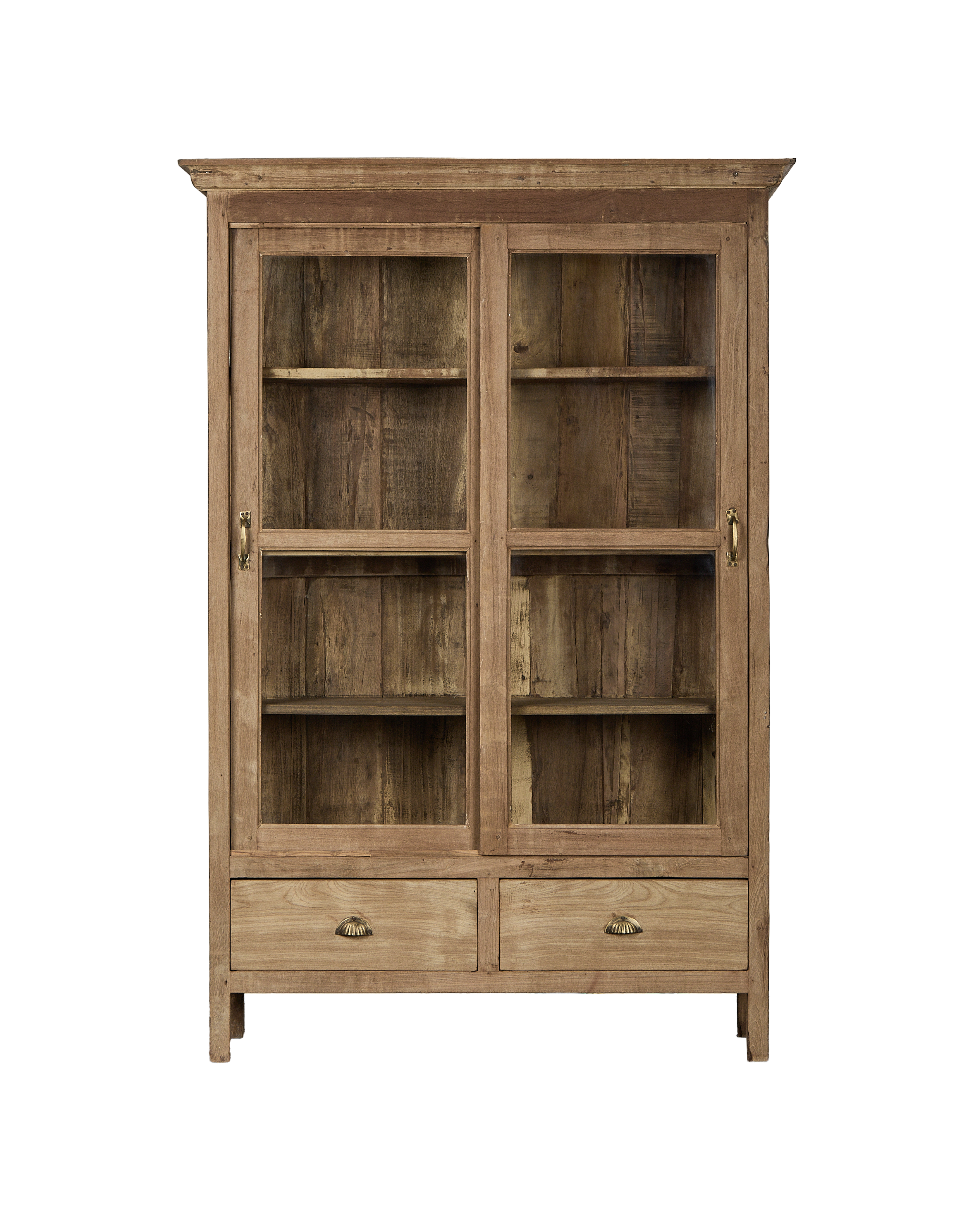 Vintage bleached oak cabinet from India, with glass doors and two bottom drawers.