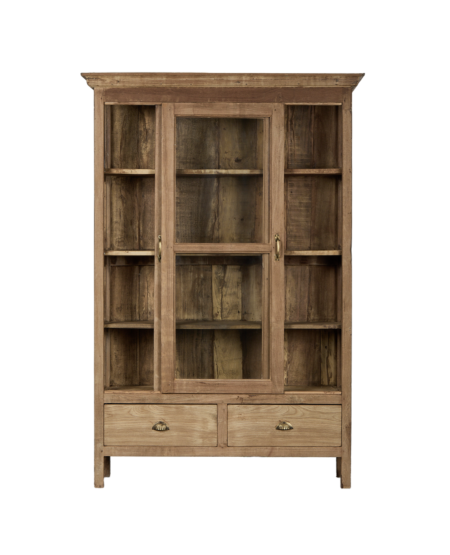 Full front view of vintage Indian bleached oak cabinet with glass doors and drawers.