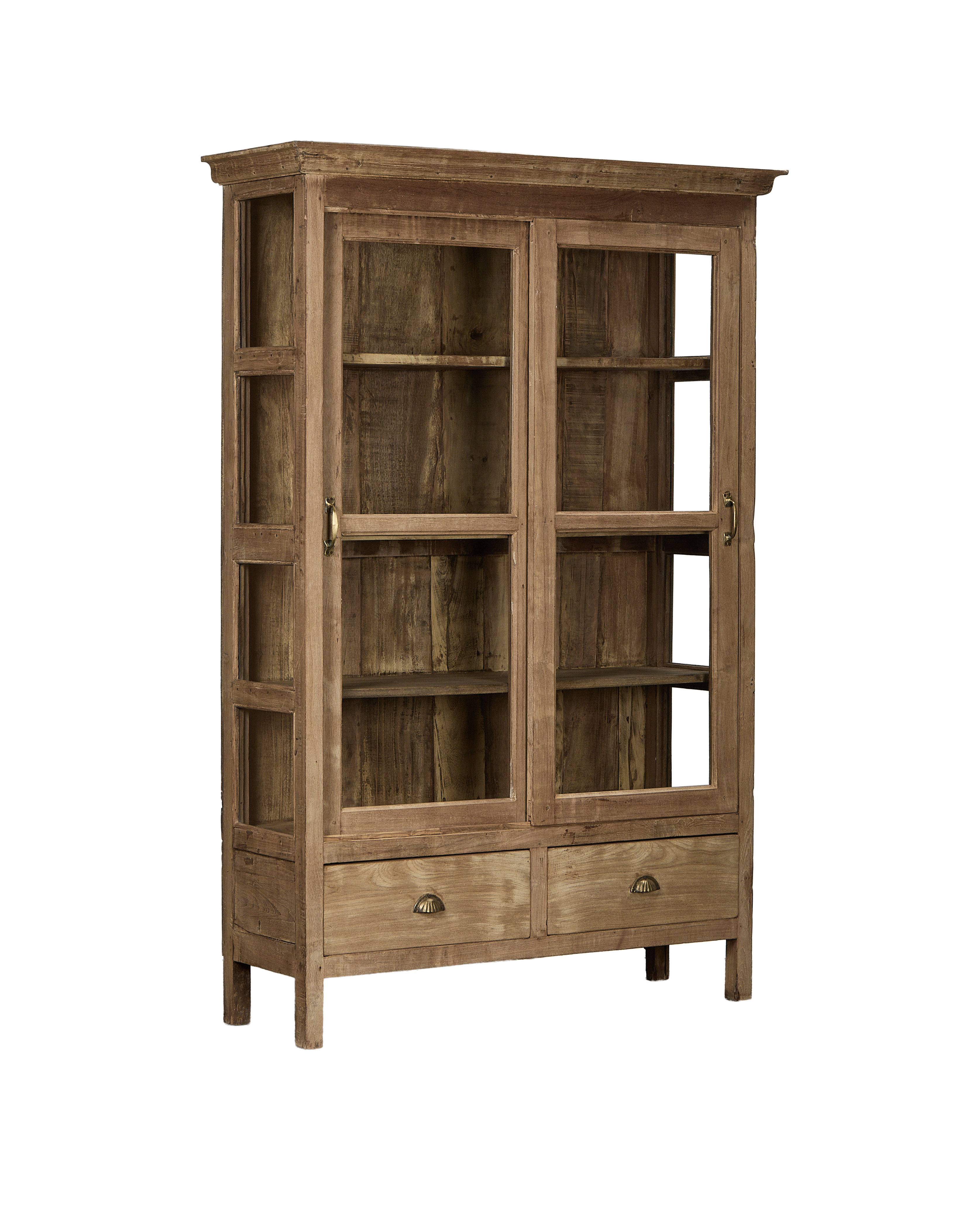 Vintage bleached oak wood cabinet with glass doors, two drawers, and brass pulls.