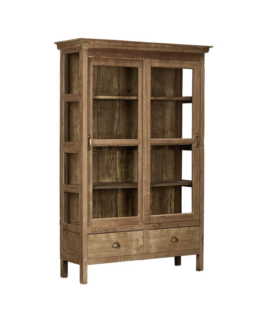 Vintage bleached oak wood cabinet with glass doors, two drawers, and brass pulls.