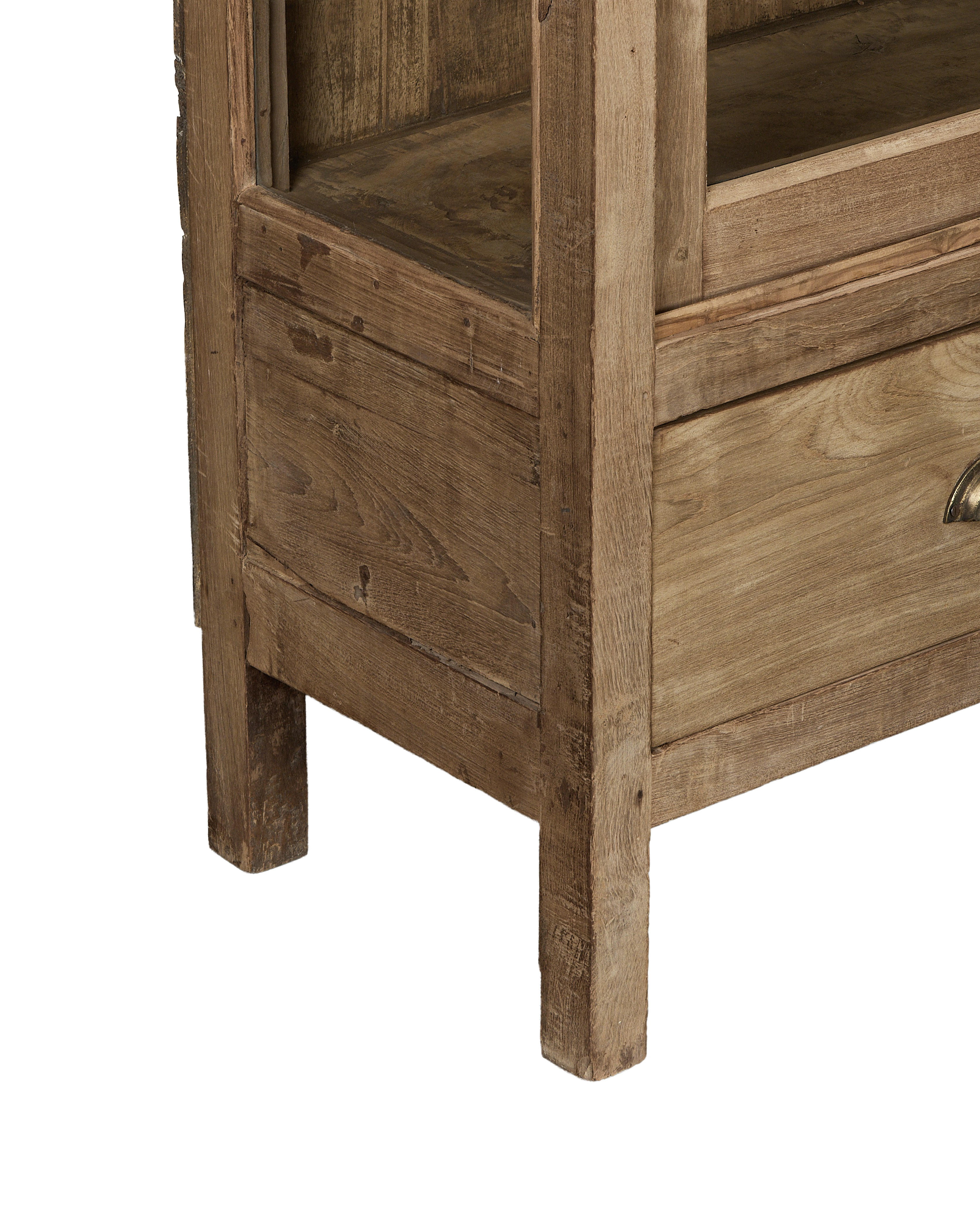 Vintage Indian bleached oak cabinet's lower weathered frame, drawer detail, and sturdy foot.