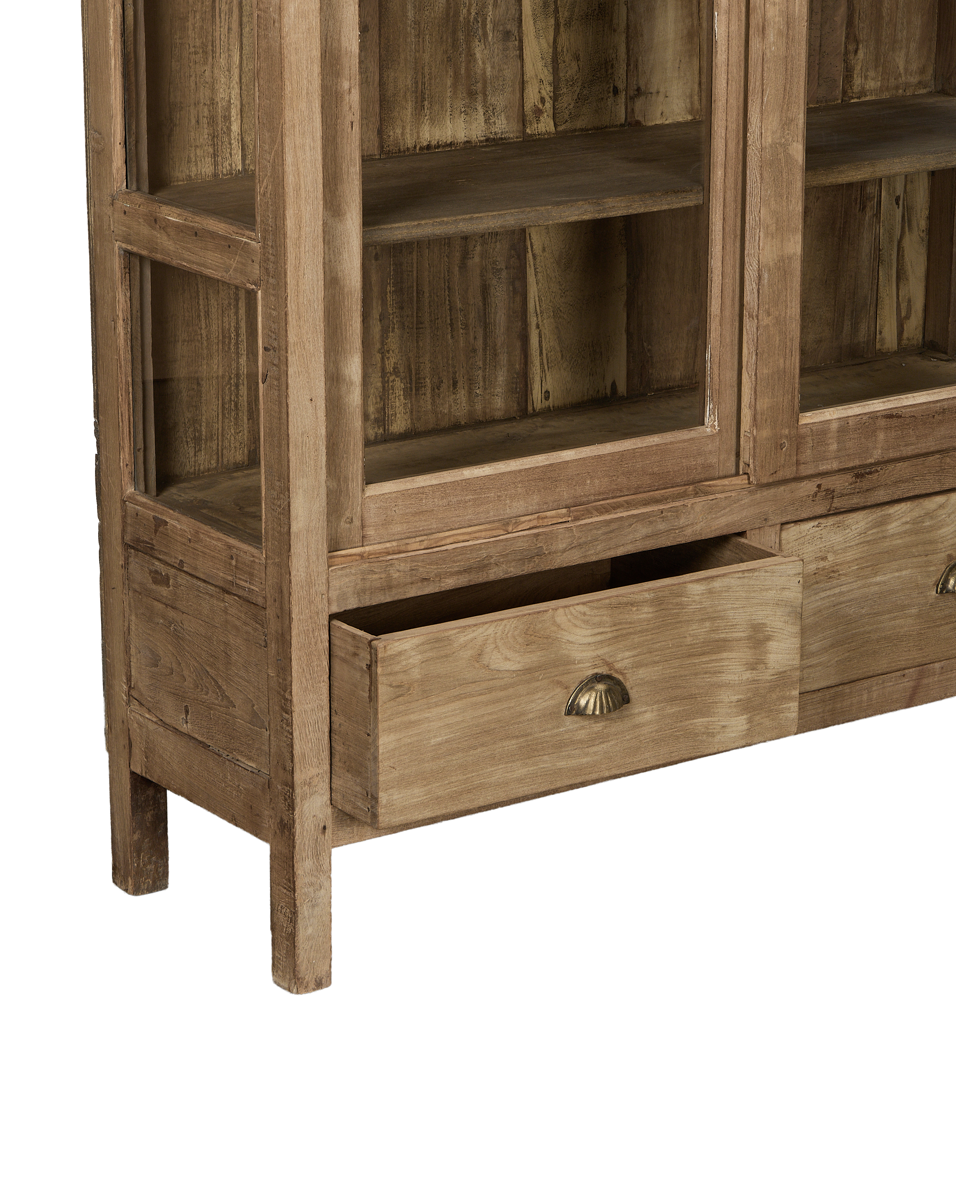 Vintage bleached oak cabinet with drawer pulled out showing cup handles.