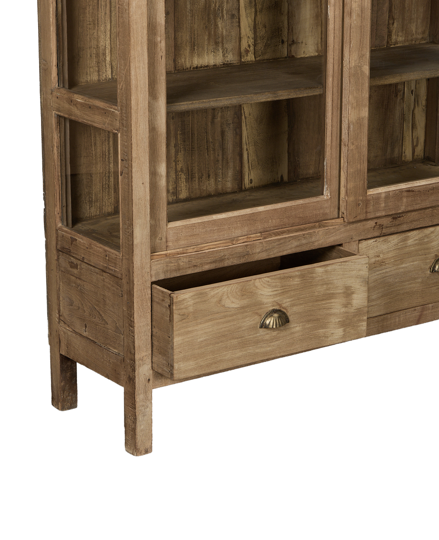 Vintage bleached oak cabinet with drawer pulled out showing cup handles.