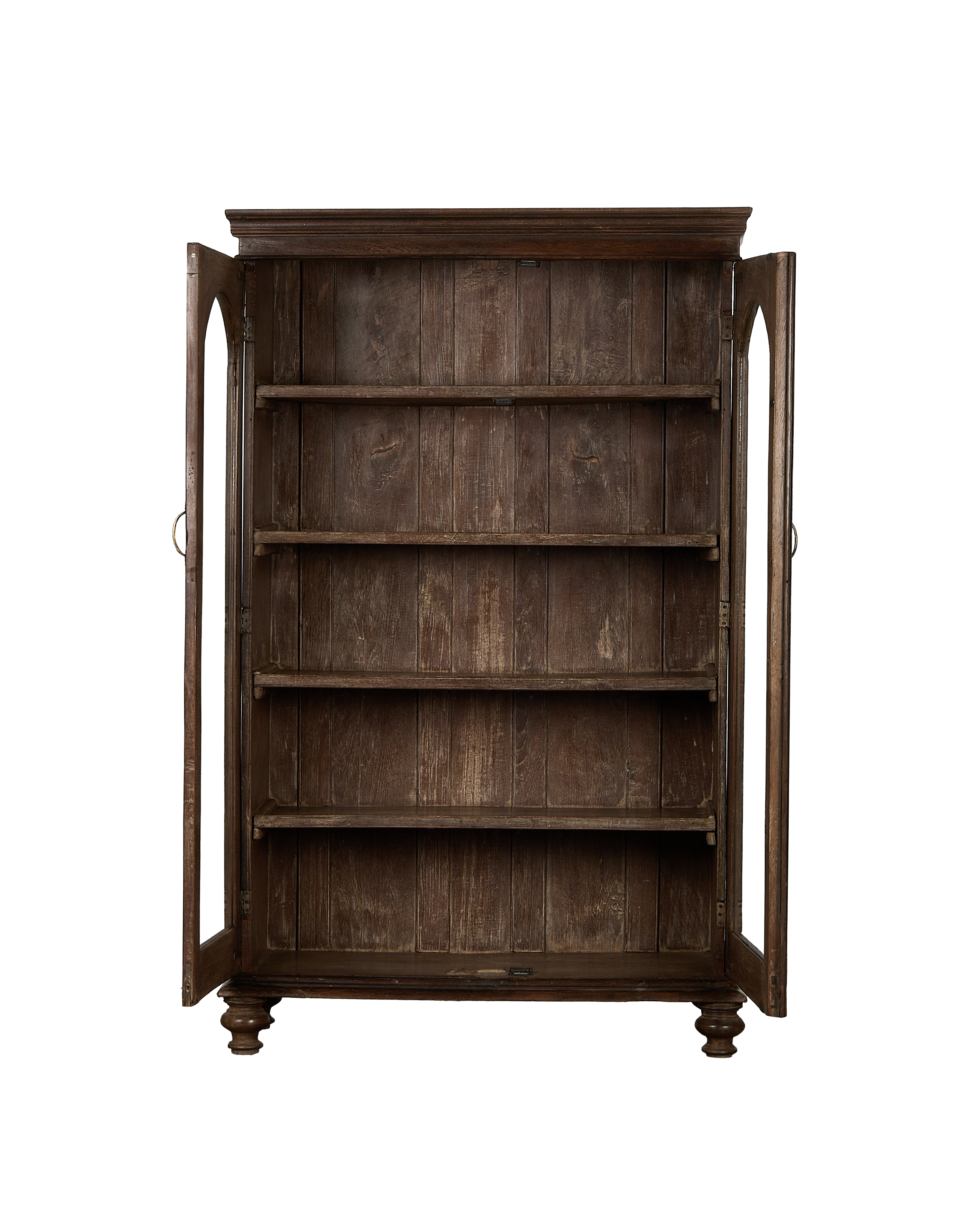 Vintage Indian natural oak wood cabinet, doors open, showing internal shelves.