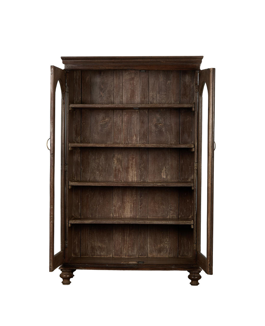 Vintage Indian natural oak wood cabinet, doors open, showing internal shelves.