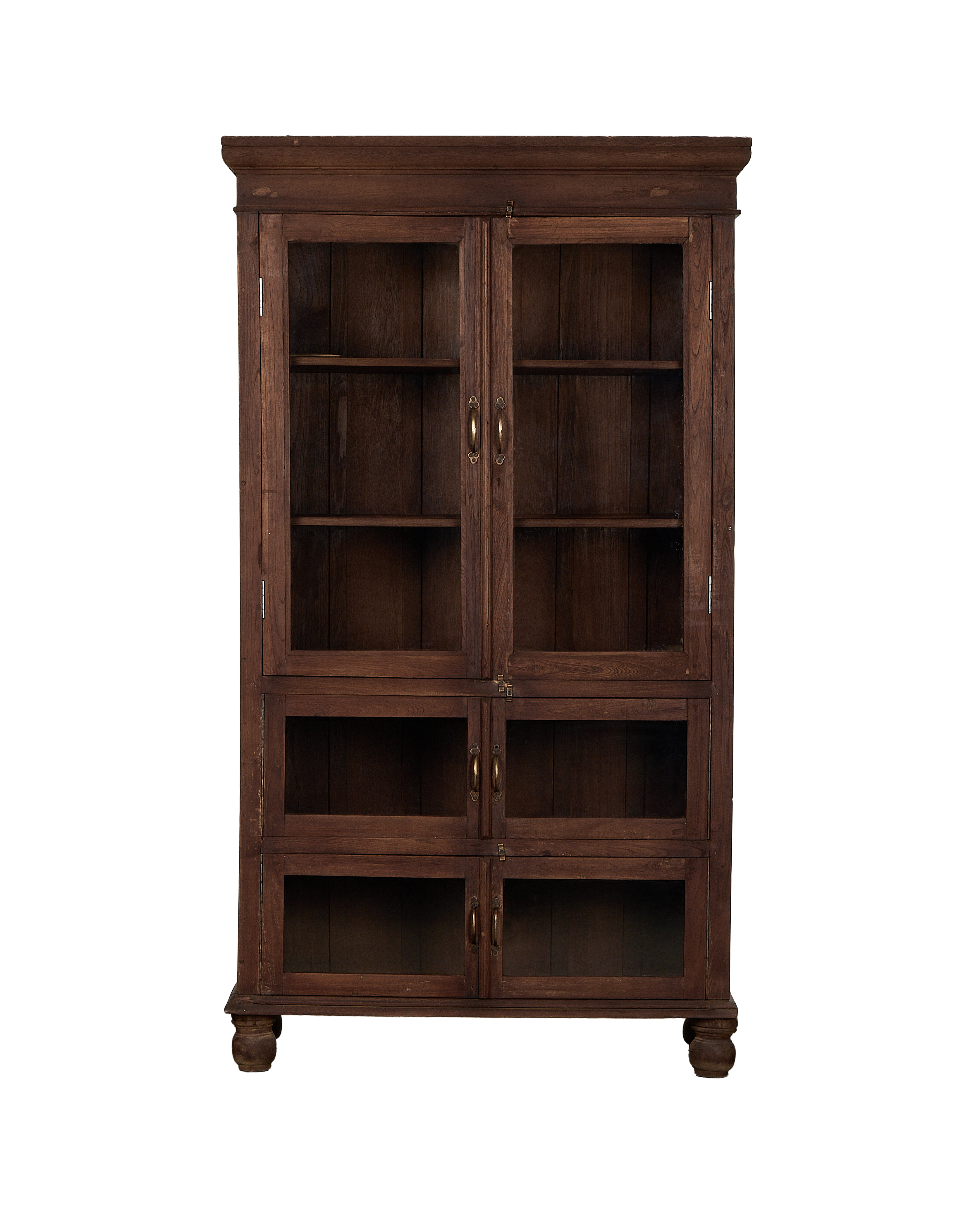 Vintage Indian bleached oak cabinet with glass doors and distressed dark wood finish.