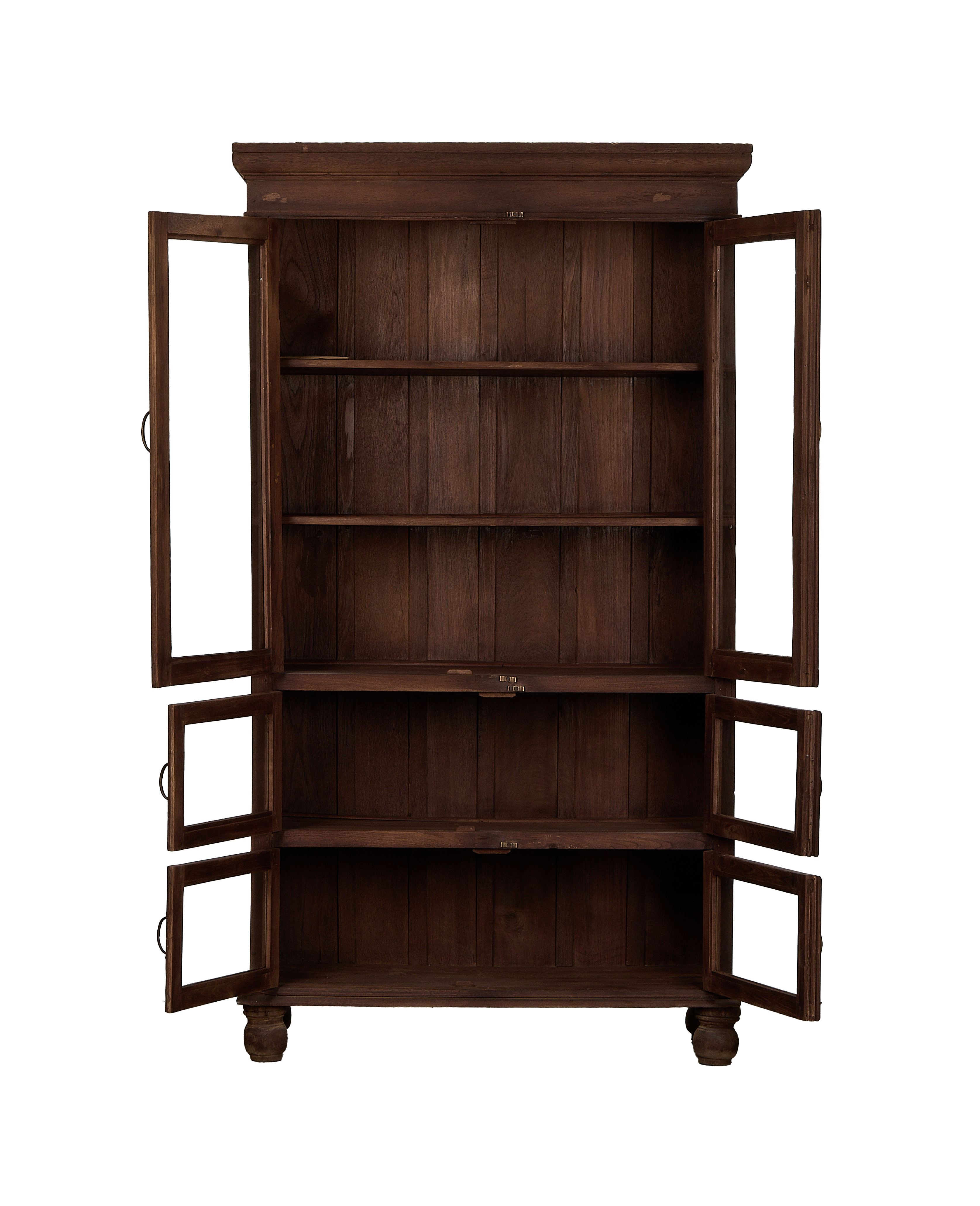 Vintage oak Indian cabinet, bleached wood, open glass doors, detailed interior shelves.