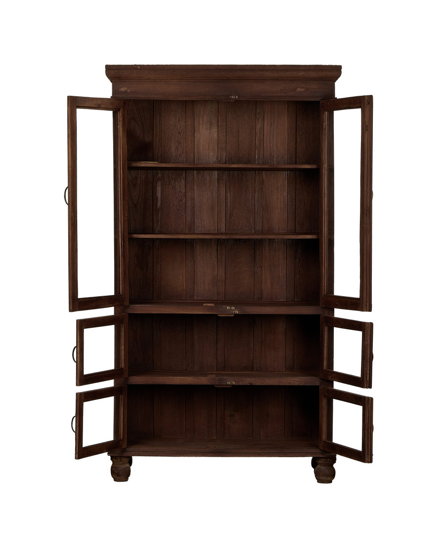 Vintage oak Indian cabinet, bleached wood, open glass doors, detailed interior shelves.