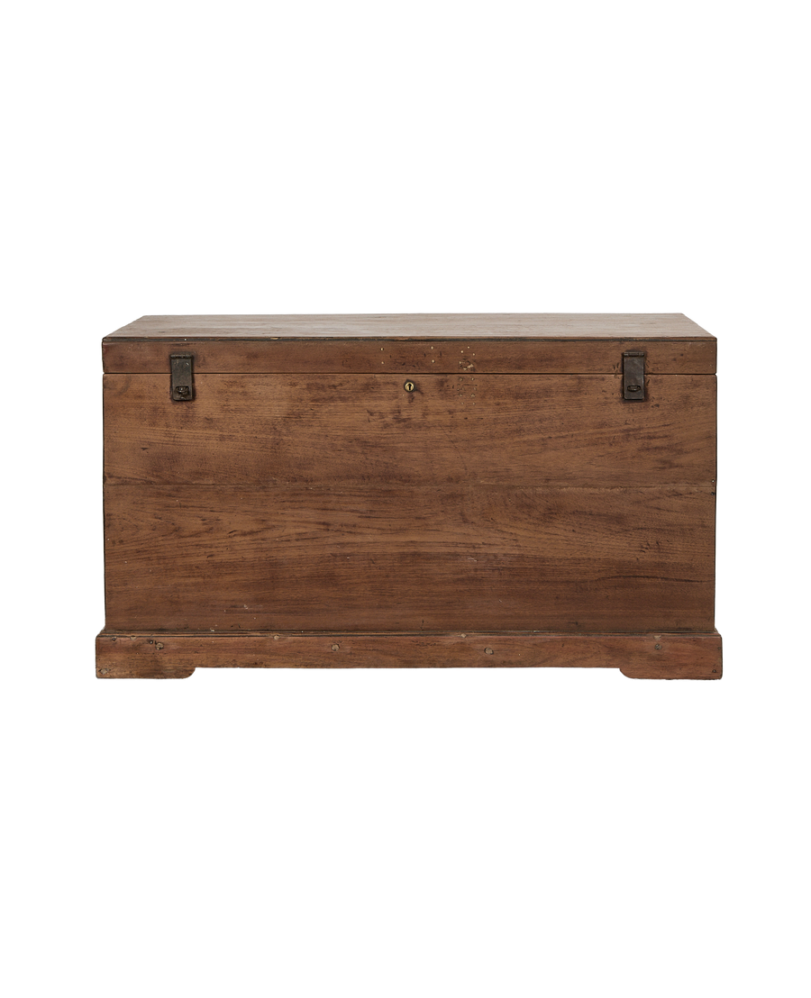 Vintage Indian oak wood chest, front view with old metal latches.