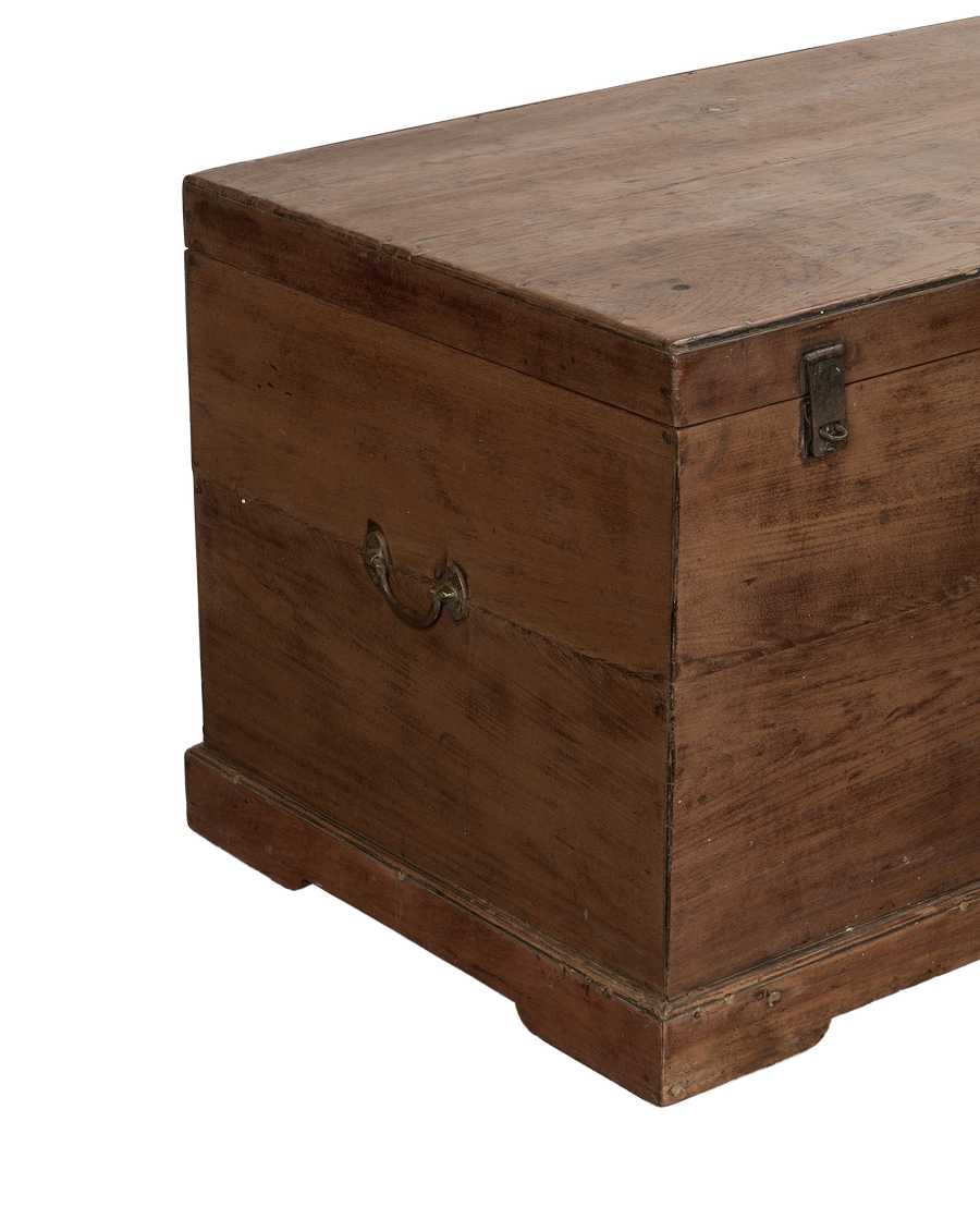 Vintage oak wooden chest from India, showing sturdy side handle and intricate metal latch.