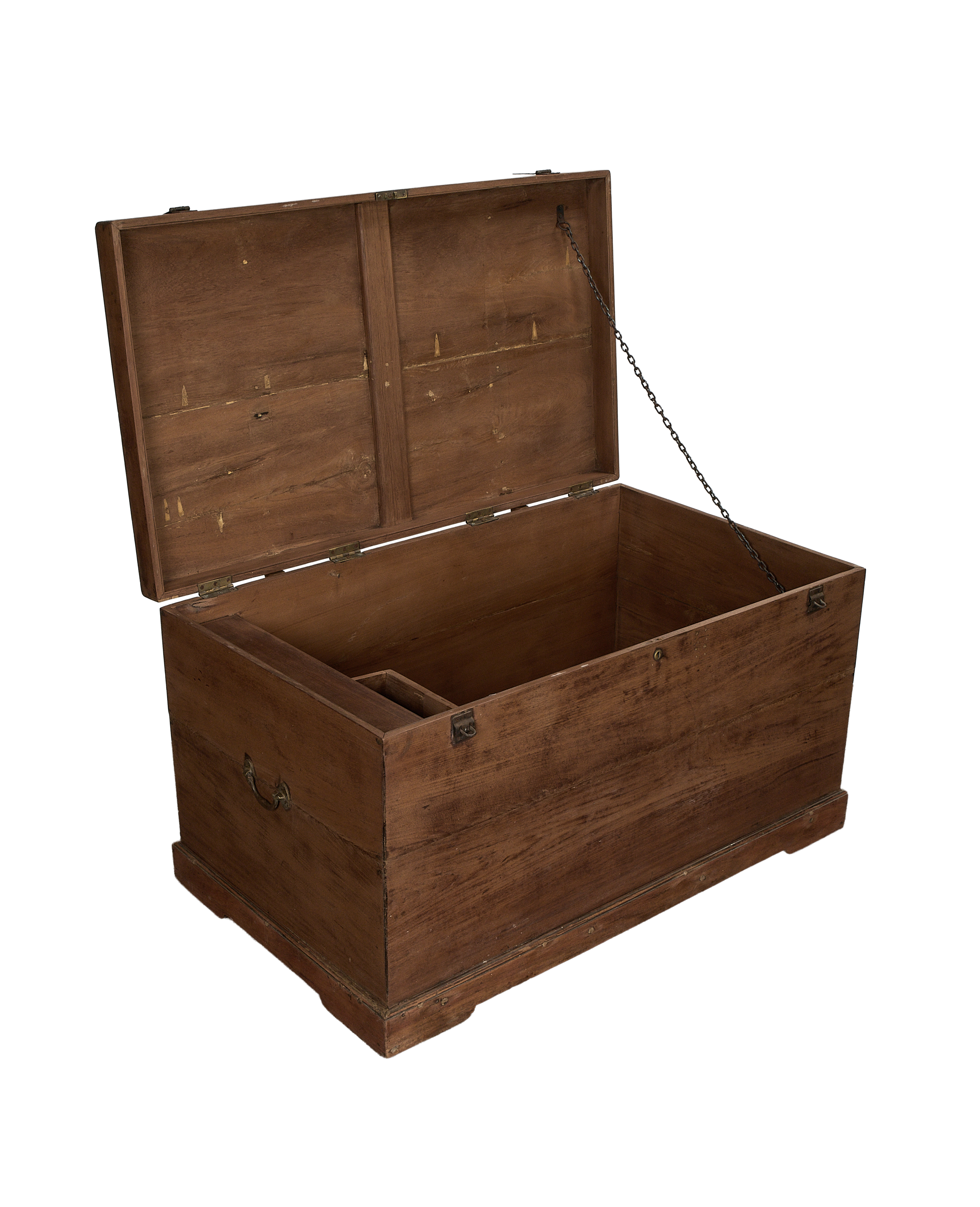 Vintage Indian oak chest with lid opened, showing weathered interior, chain support, and a small compartment.