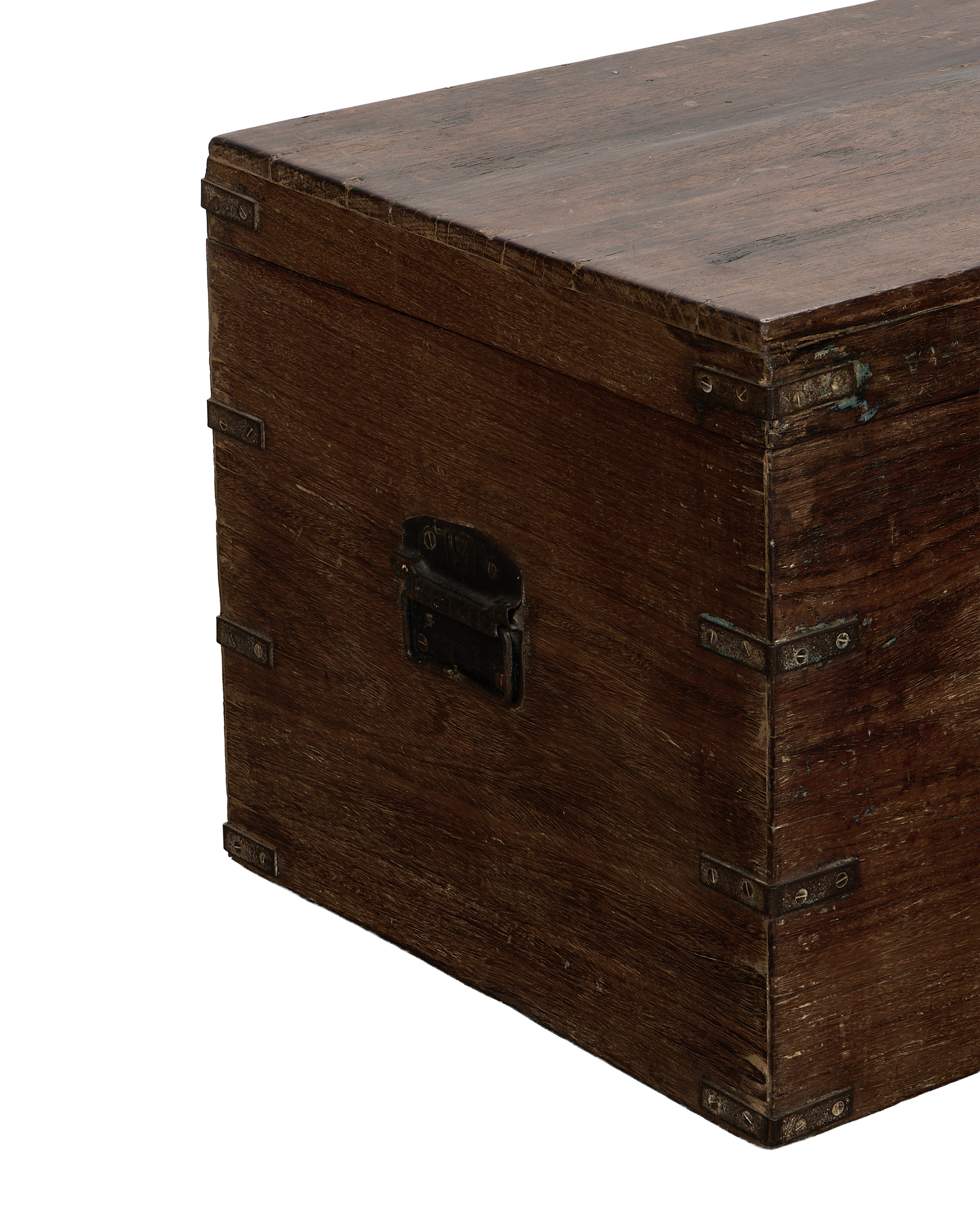 Vintage oak wood chest, angled view highlighting rustic metal corner straps.