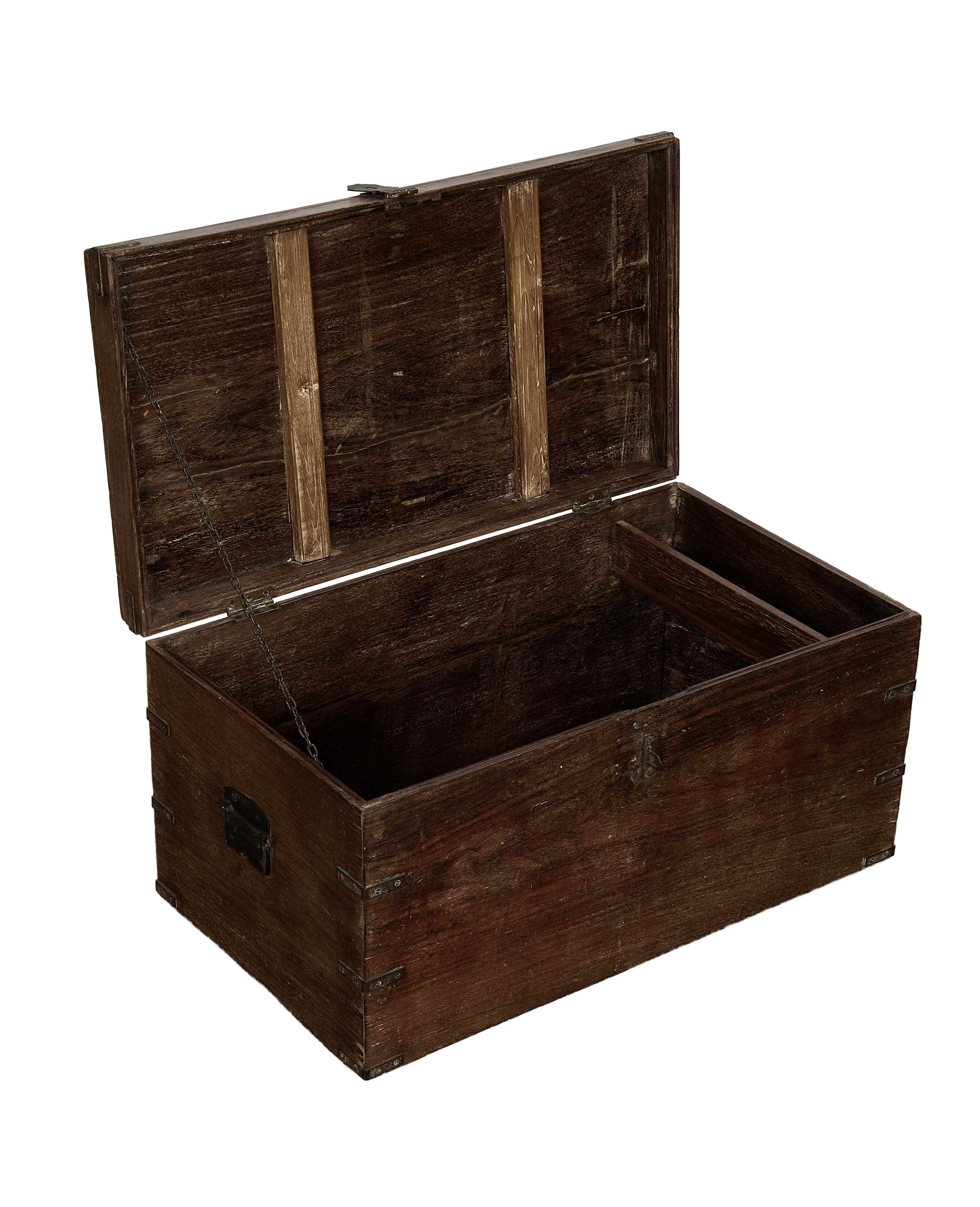 Vintage oak wood chest, open from an angled view, revealing inner compartments and chain.