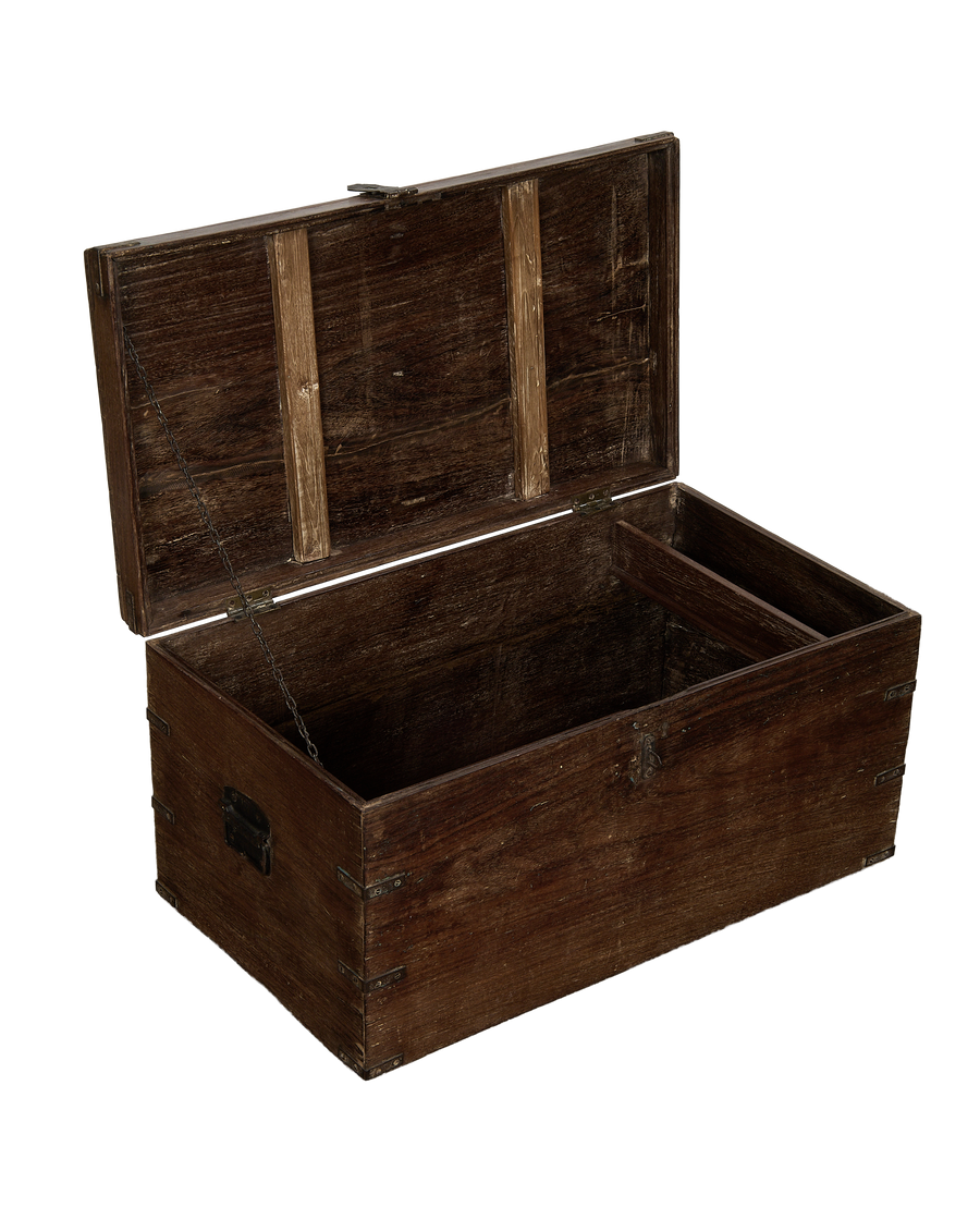 Vintage oak wood chest, open from an angled view, revealing inner compartments and chain.