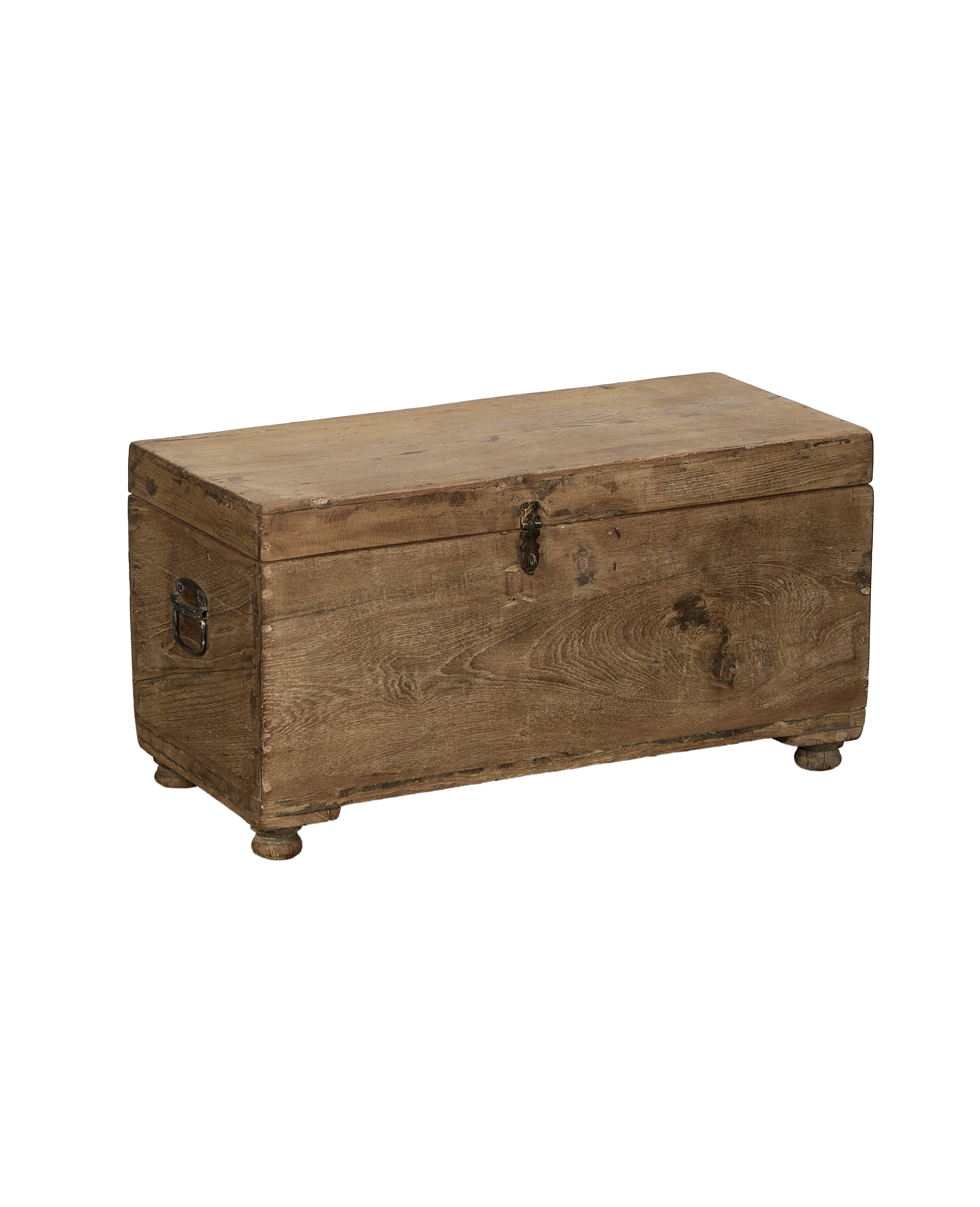 Vintage Indian oak trunk chest with natural wood finish, metal handles, and front clasp.