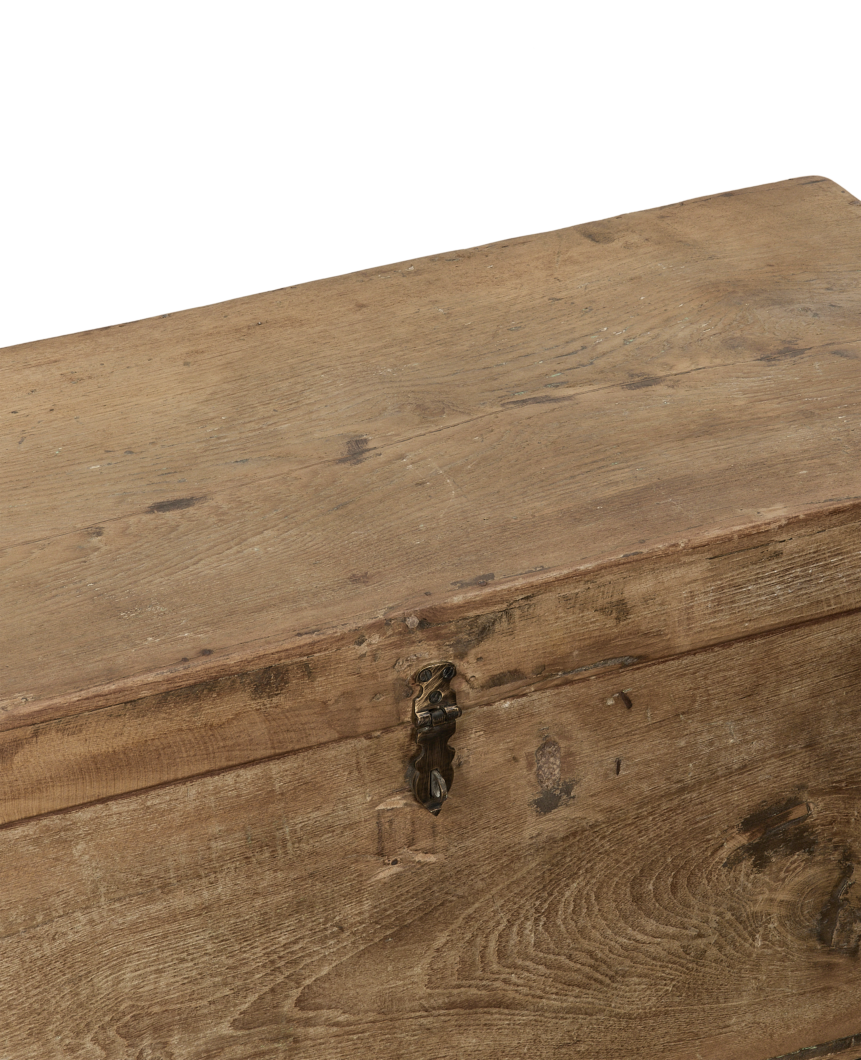 Vintage natural oak wood chest from India, closeup of antique latch detail.