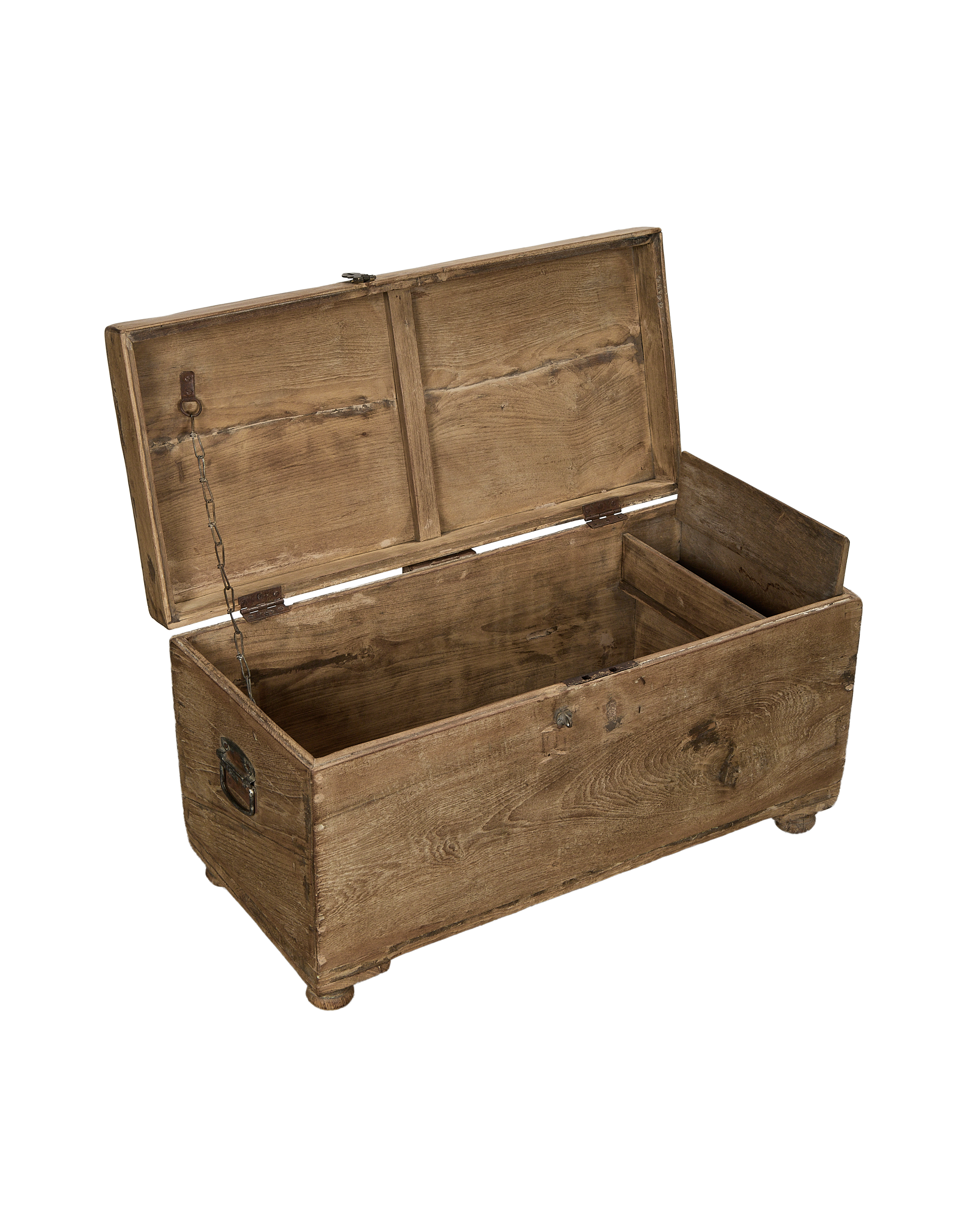 Opened vintage oak wood chest from India, showcasing distressed natural interior, chain, and hinges.