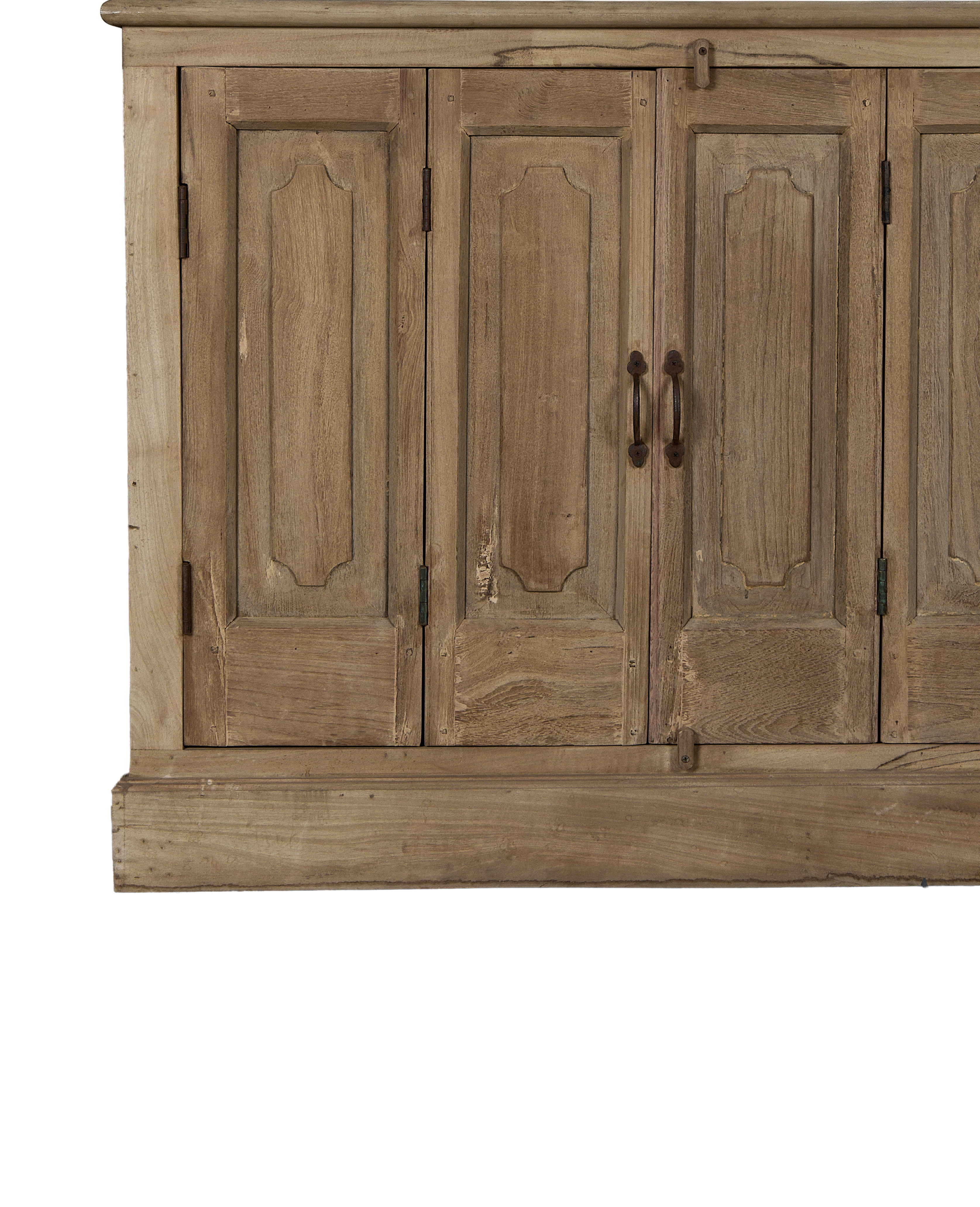 Vintage Indian bleached oak cabinet's carved doors and rustic handles, close-up.