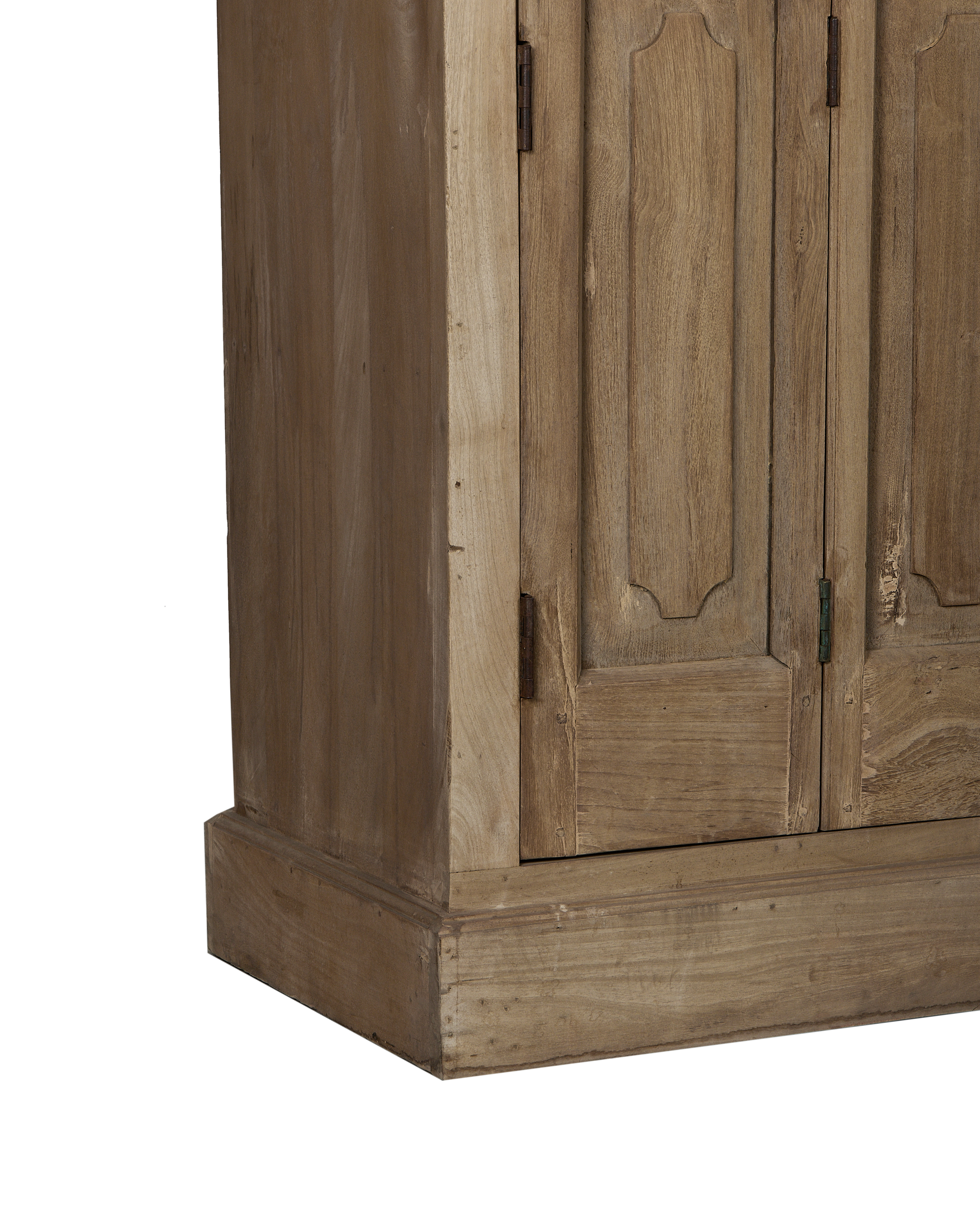 Vintage bleached oak cabinet base with weathered details and aged metal hinges.